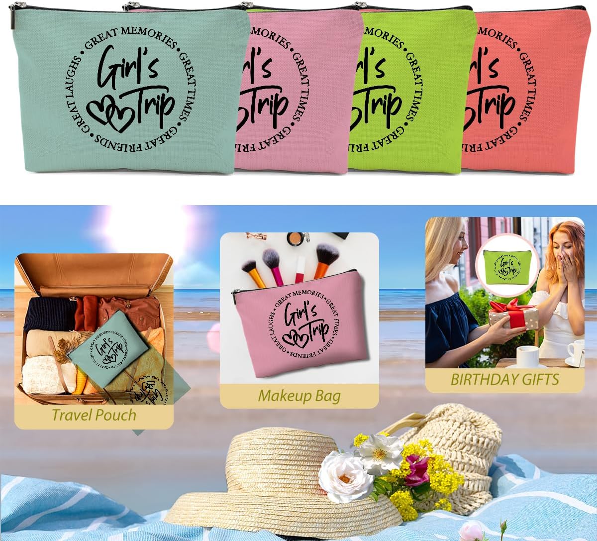 4 Pcs Girls Trip Gifts Favors, Girls Weekend Gifts Makeup Bag, Bestie Gifts Weekend Bag Travel Gifts Vacation Cosmetic Bag, Friendship Gifts for Women Sisters, Graduation Wedding Gifts Toiletry Bag - Image 6