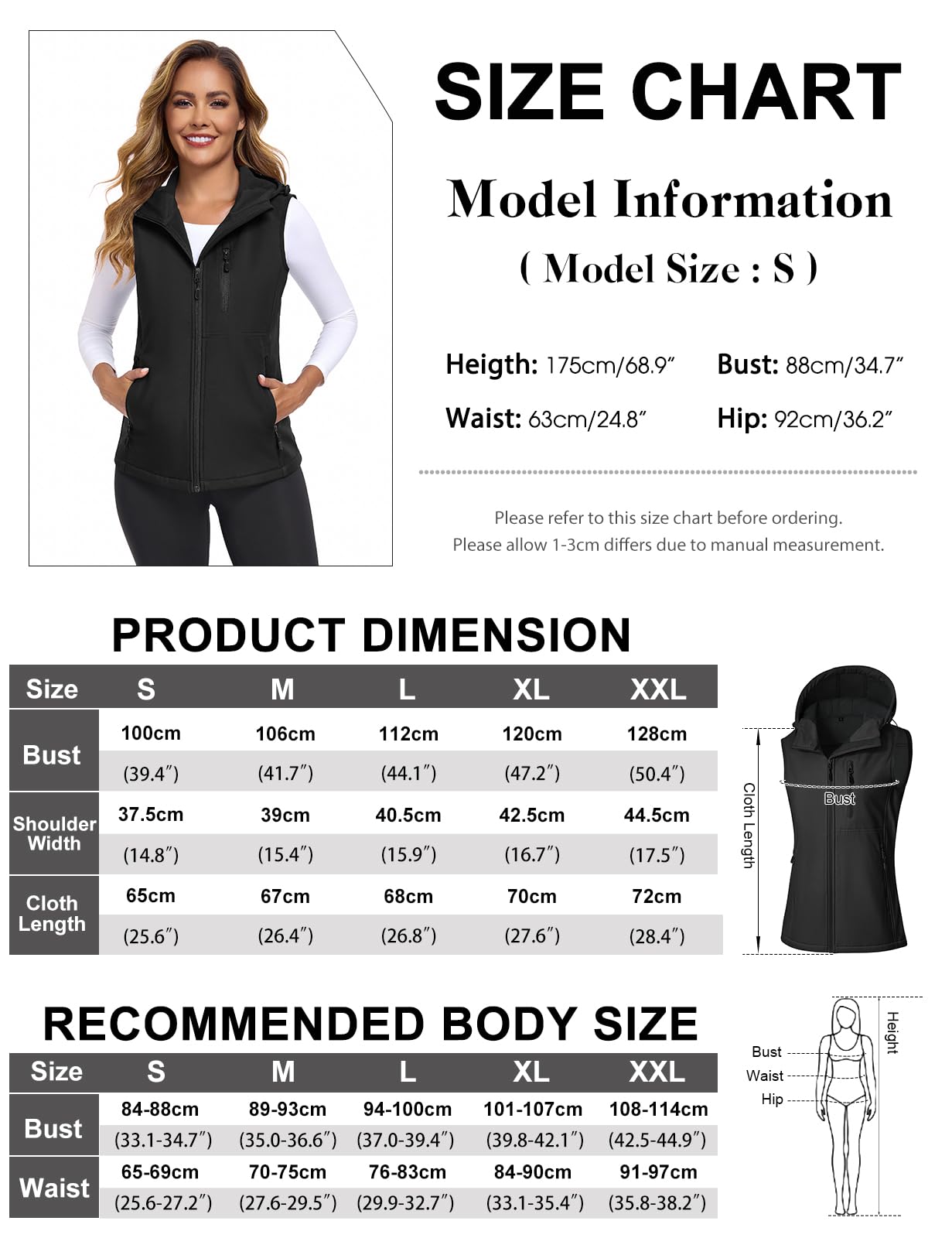 CMTOP Gilet Donna Softshell Impermeabile con Cappuccio, Fodera Leggera in Pile Smanicato Gilet, Antivento Sportivo Giacca Senza Maniche con Tasca per Primaverile Autunno Invernale