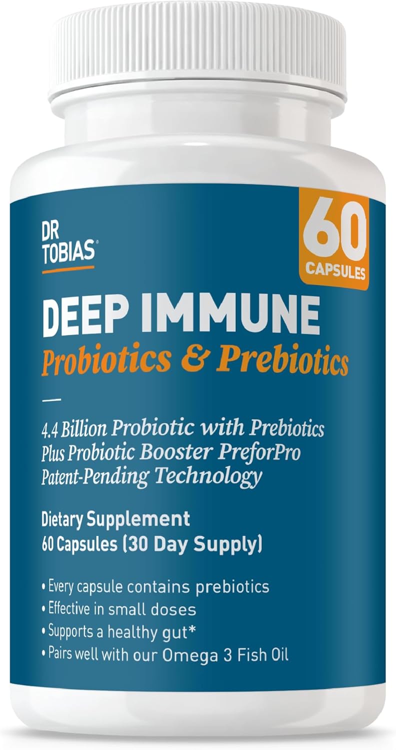 Dr. Tobias Deep Immune Probiotics & Prebiotics - Dual Action Digestion & Immune Support with PreforPro Prebiotics & Delayed Release Spore Forming Probiotics for Women & Men - 60 Capsules (30 Servings)