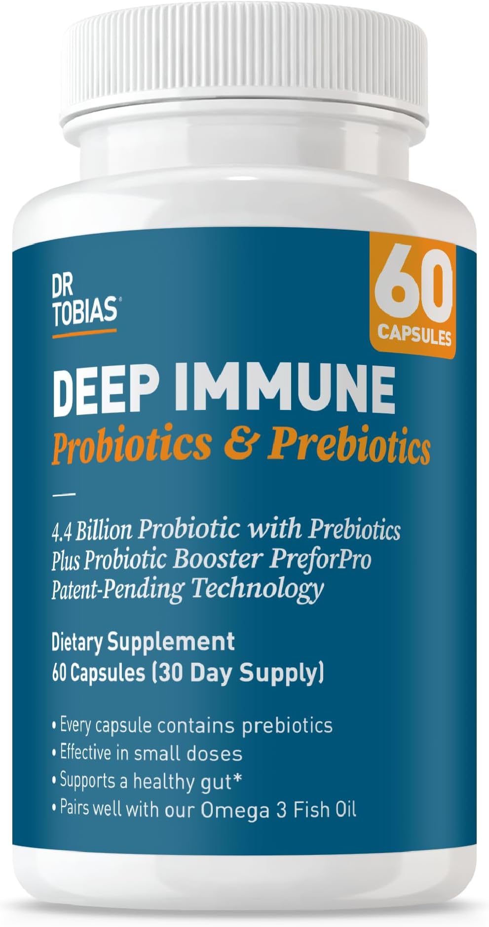 Dr. Tobias Deep Immune Probiotics & Prebiotics - Dual Action Digestion & Immune Support with PreforPro Prebiotics & Delayed Release Spore Forming Probiotics for Women & Men - 60 Capsules (30 Servings)