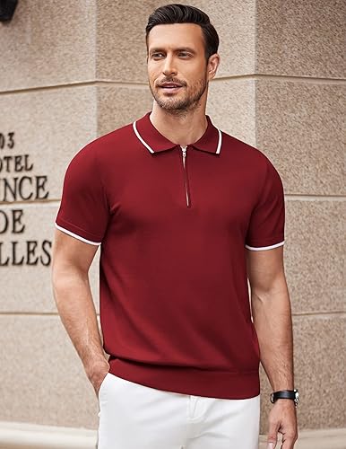 Miniatura 6 de COOFANDY Polo de manga corta con cremallera para hombre, estilo casual, de punto y ajuste clásico