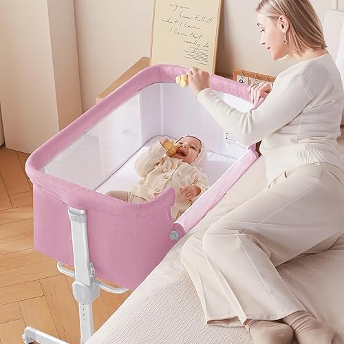 Larex Cuna de bebé, cuna 3 en 1 para recién nacido, cuna portátil ajustable de 7 alturas con colchón y ruedas, color rosa