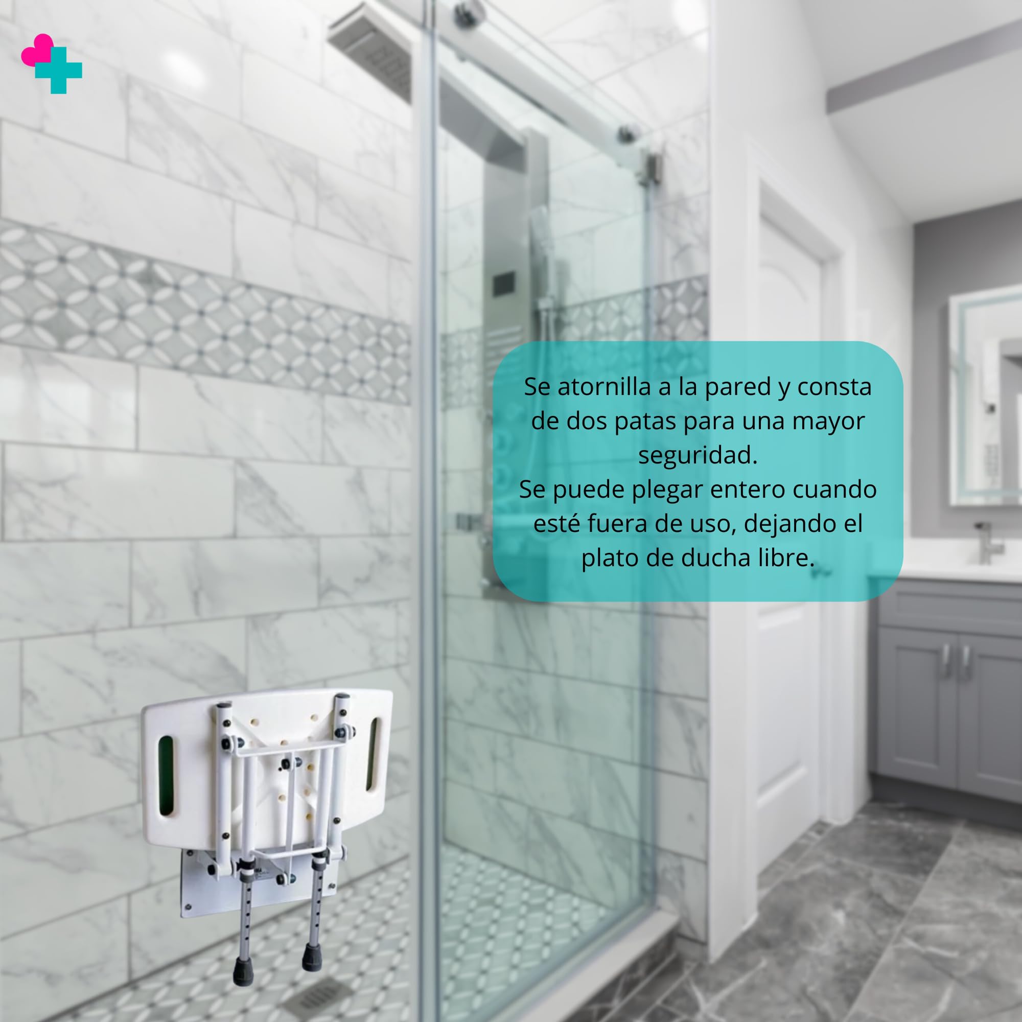 Asiento Abatible de Pared con Patas para Ducha. Asiento Ayudas Ducha Personas Movilidad Reducida. Asiento Plegable con Patas Regulables en Altura. Extra de Seguridad en Casa