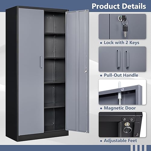 Miniatura 6 de LISSIMO Gabinete de almacenamiento de armario de metal,Gabinete de bloqueo con puertas y estantes ajustables,Gabinetes de almacenamiento de garaje