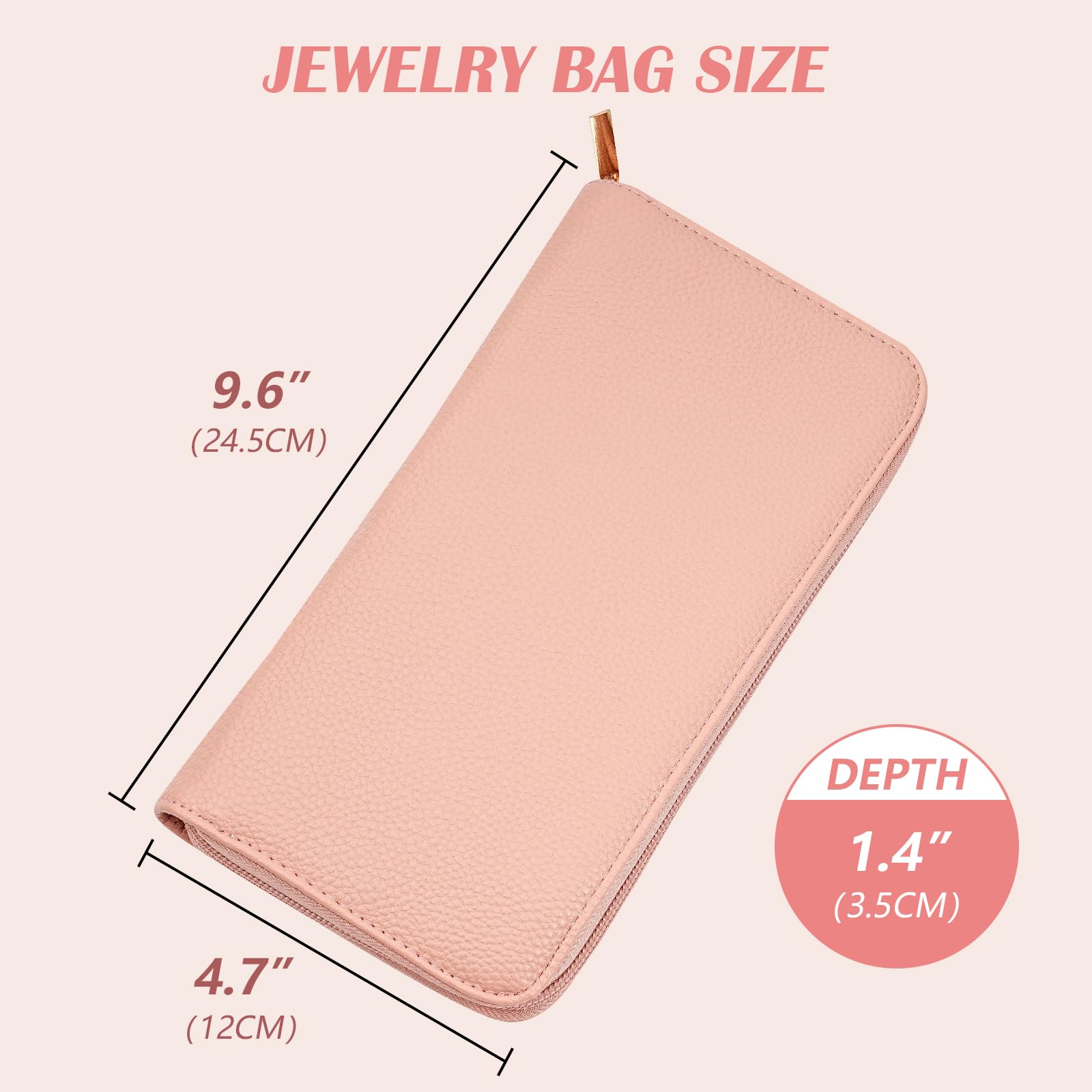 TRIXES Cartera de viaje para joyas, soporte de piel vegana rosa con cremallera para anillos, pendientes, pulseras y collares, etc. - Accesorio esencial de viaje