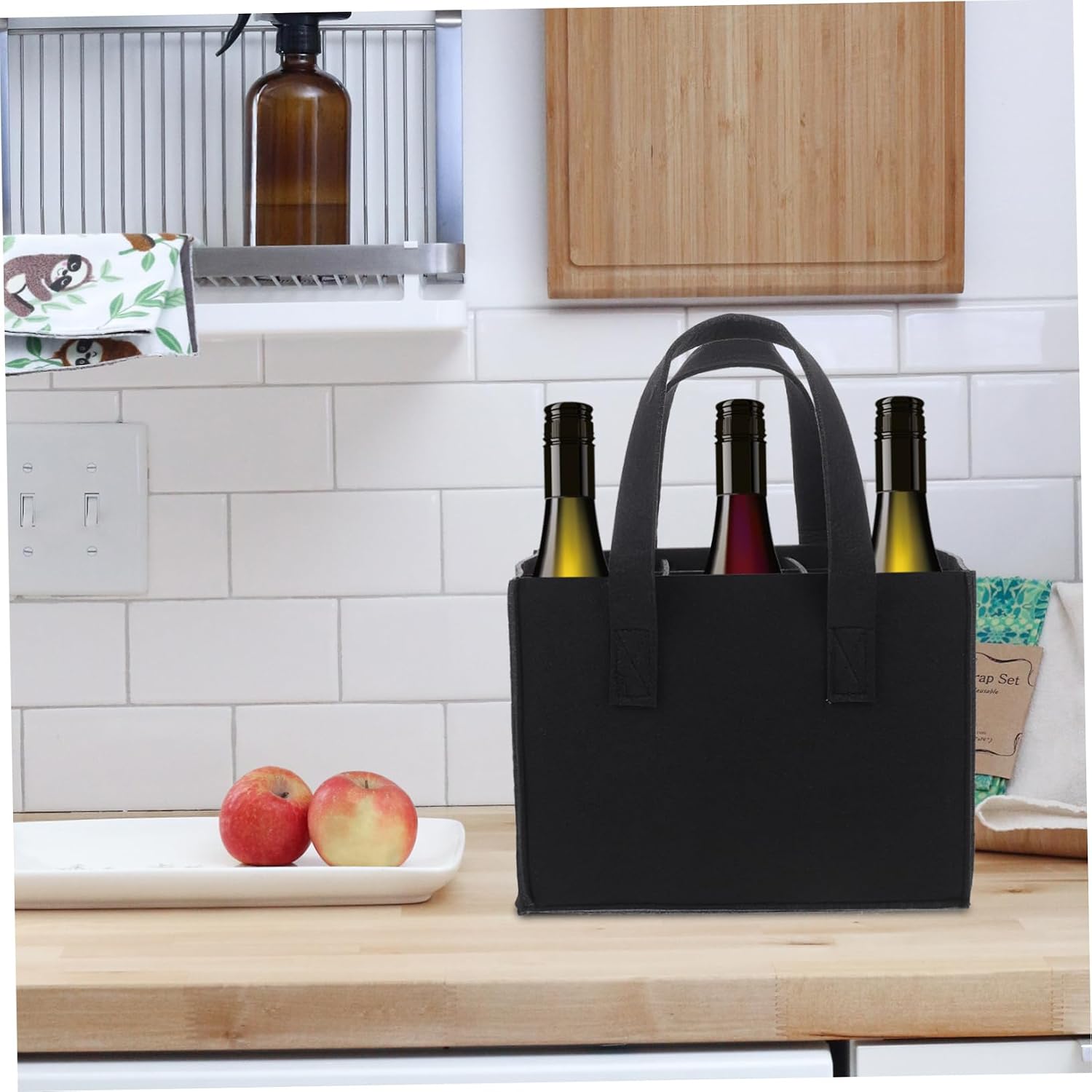 Black Felt Wine Bottle Carrying Bag, 6 Bottle Portable Carrier