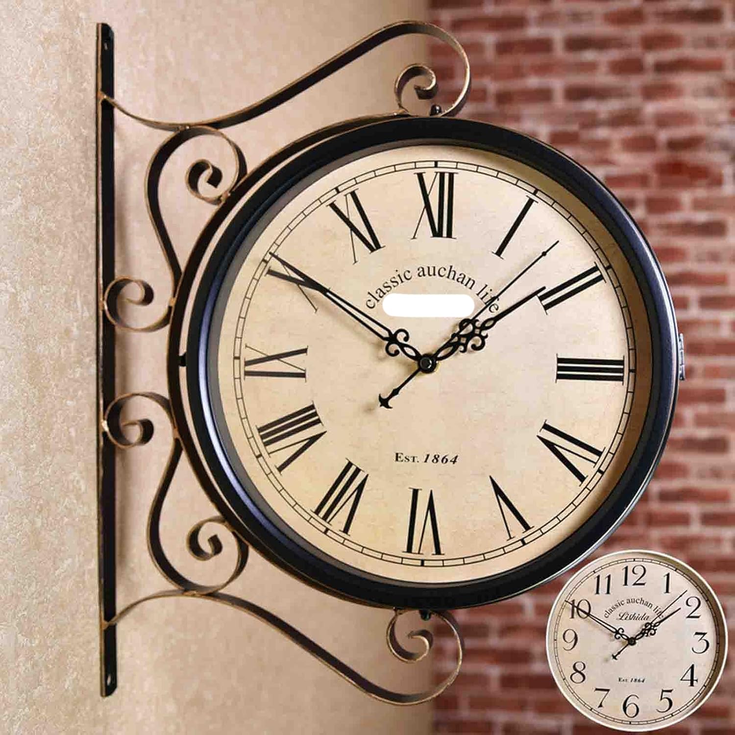 MYUYEE Outdoor Garden Wall Clock,Classical 360°Rotation Double Sided Train Station Clock with Bracket Indoor Decoration Waterproof