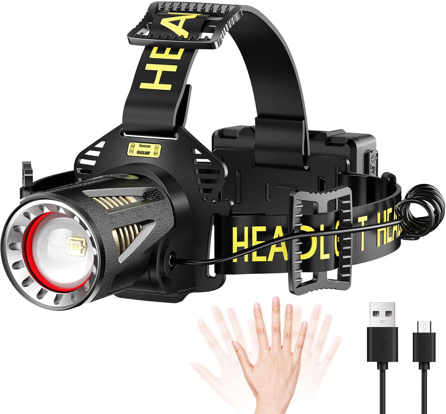 MAXME100® Upgraded Long Throw Headlamp Rechargeable, Head