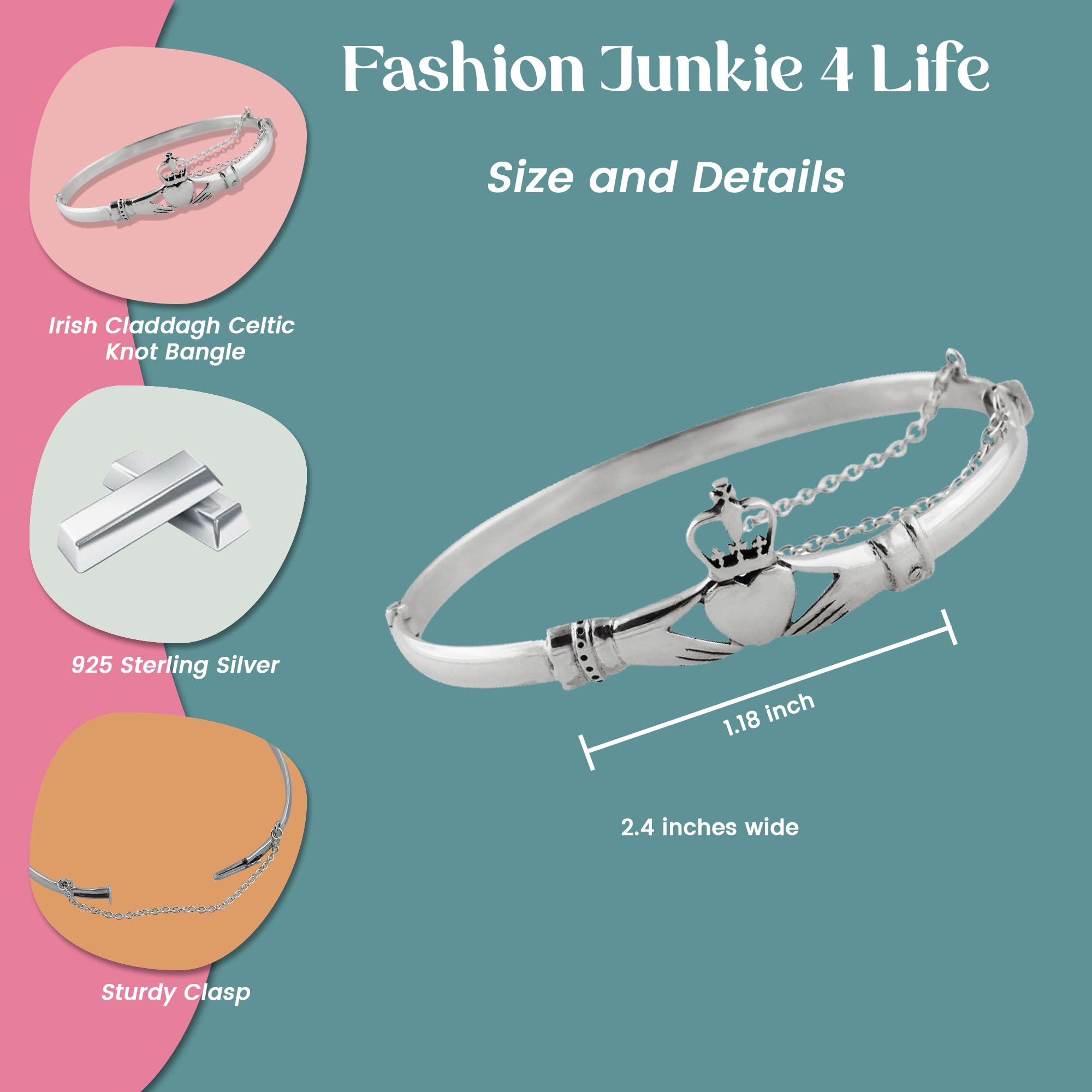 FashionJunkie4Life Bracciale rigido in argento Sterling 925 con nodo celtico irlandese Claddagh, 6.5 inch, Argento sterling, Senza pietre preziose