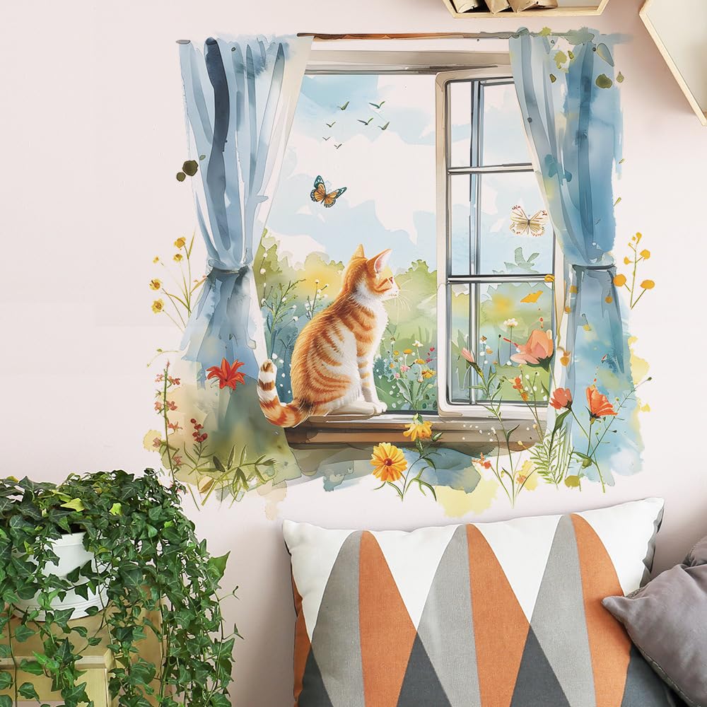 Amazon.co.jp: 3D 偽窓ステッカー ポスター 窓の景色 猫 窓