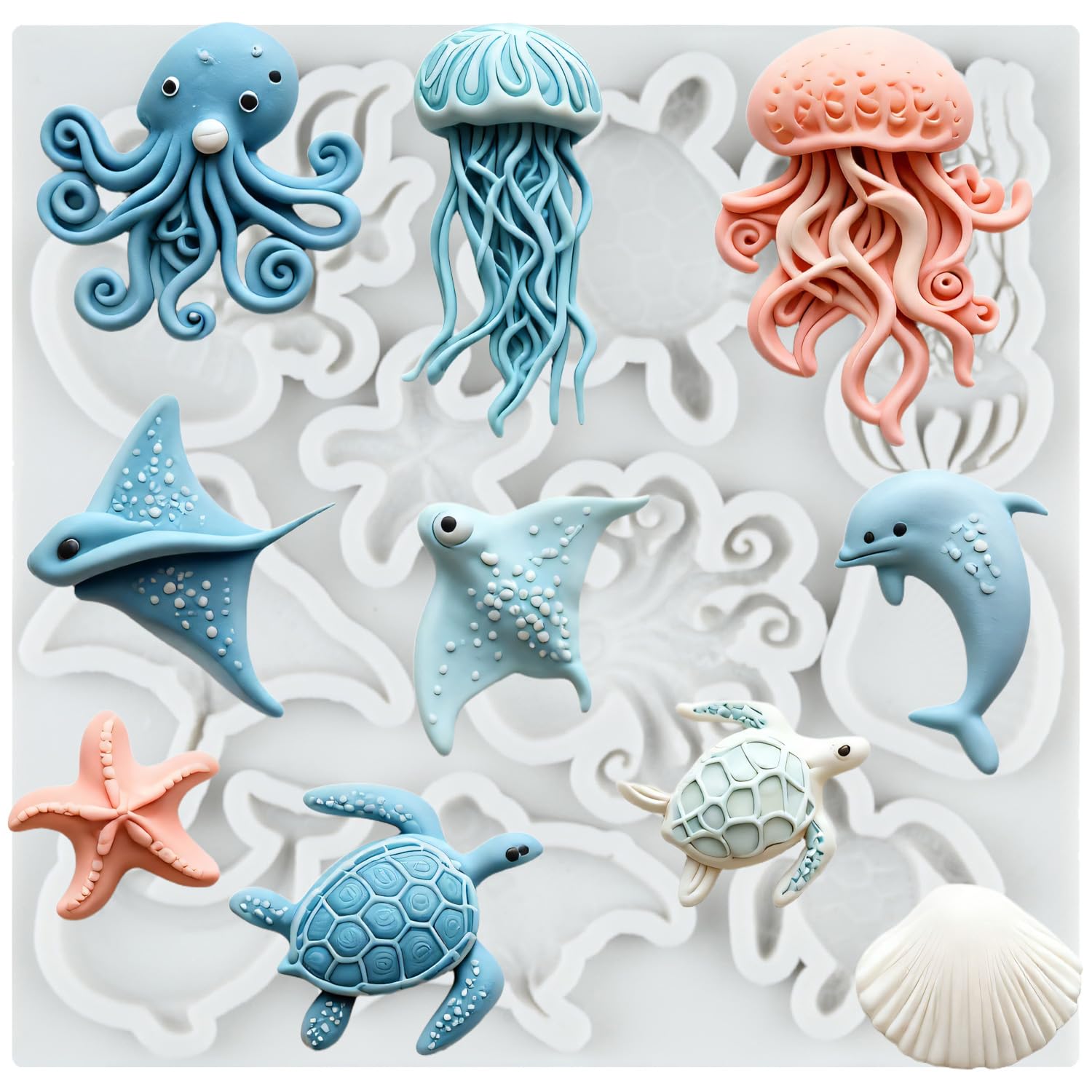 Marine Theme Silicone Mold Octopus Jellyfish Sea Turtle Starfish Shell Dolphin Polymer Clay Molds for Jewelry Making Epoxy Resin Casting Air Dry Polymer Clay Craft-image-49