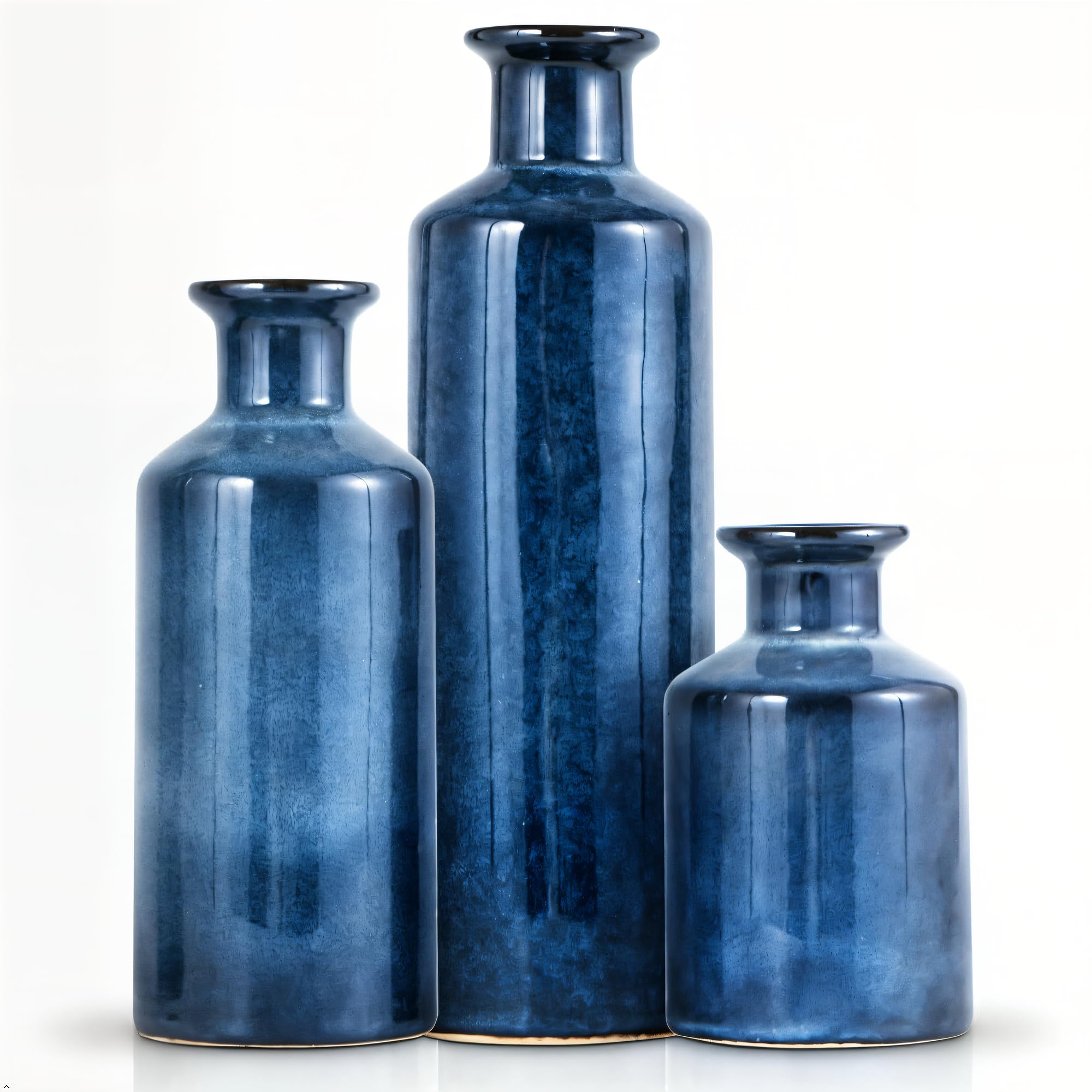 Blue Ceramic Vase Set of 3 Small Vases, Modern Farmhouse for Home Decor Bottles, Rustic Terracotta Vase Decorative Vases for Table,Fireplaces Decor, Bookshelf, Living Room