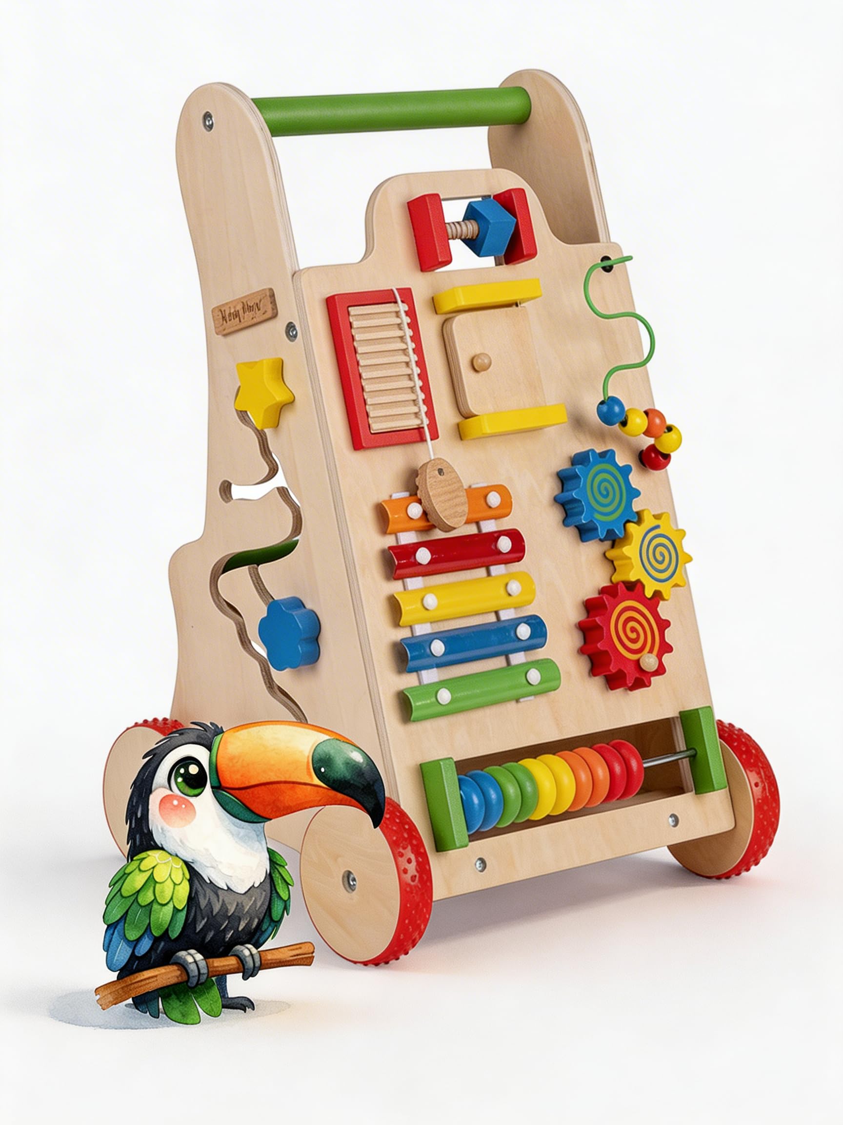 KiddyMoon Drewniany chodzik interaktywna zabawka edukacyjna dla dzieci wielofunkcyjna zabawka do pchania dla niemowląt Montessori Walker dla dzieci model WK-002, wielokolorowa