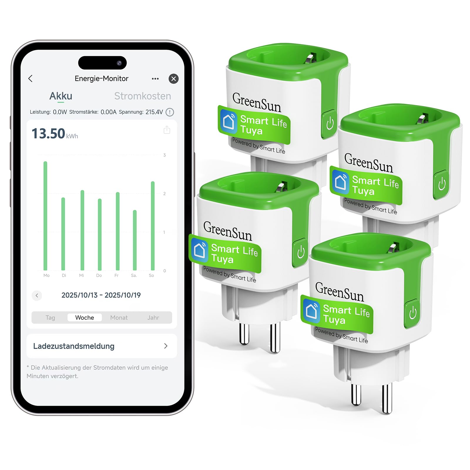 GreenSun WLAN Steckdose Stromzähler für Steckdose Smart Life APP - Smarte Home Stromverbrauch Energiekostenmesser Strommessung Zeitschaltuhr Sprachsteuerung mit Alexa &Google 4PC