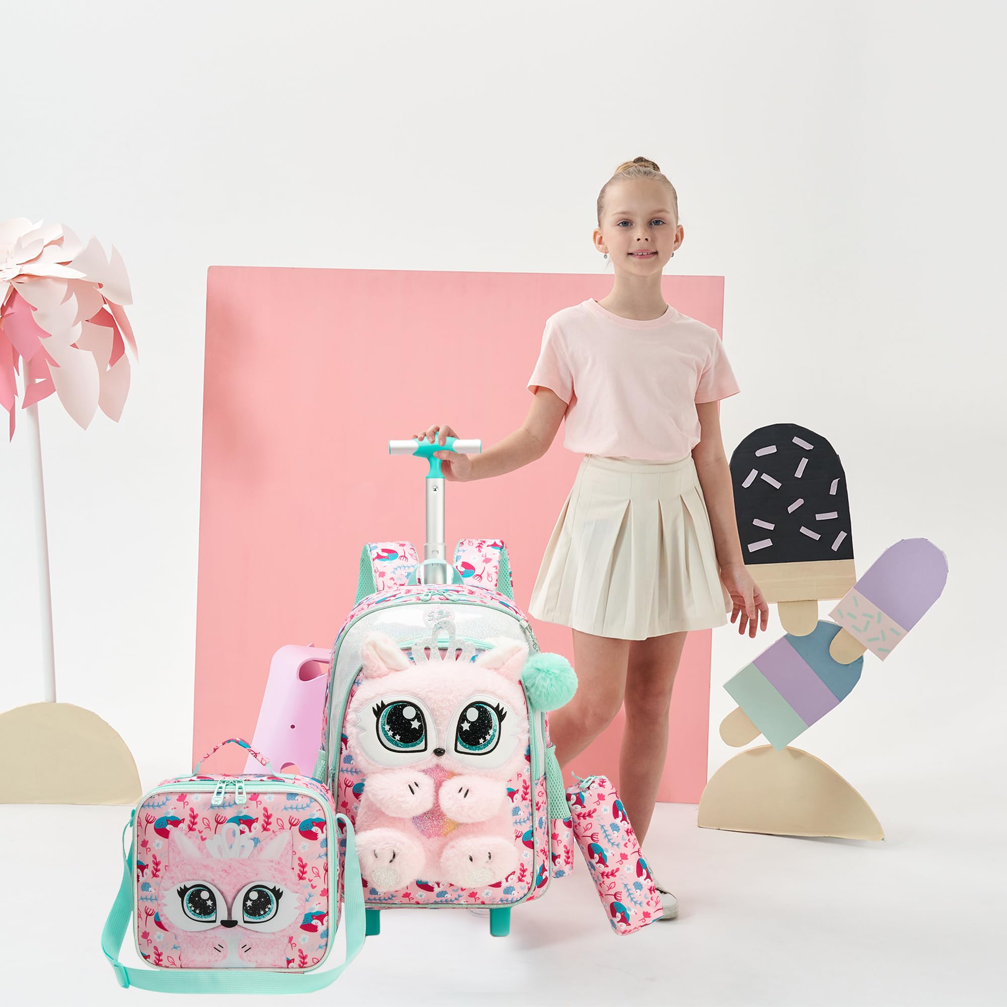 Meetbelify Niedlicher 3D-Plüsch-Rollrucksack für Mädchen, Rucksack mit Rädern für Grundschüler, Pink Fox