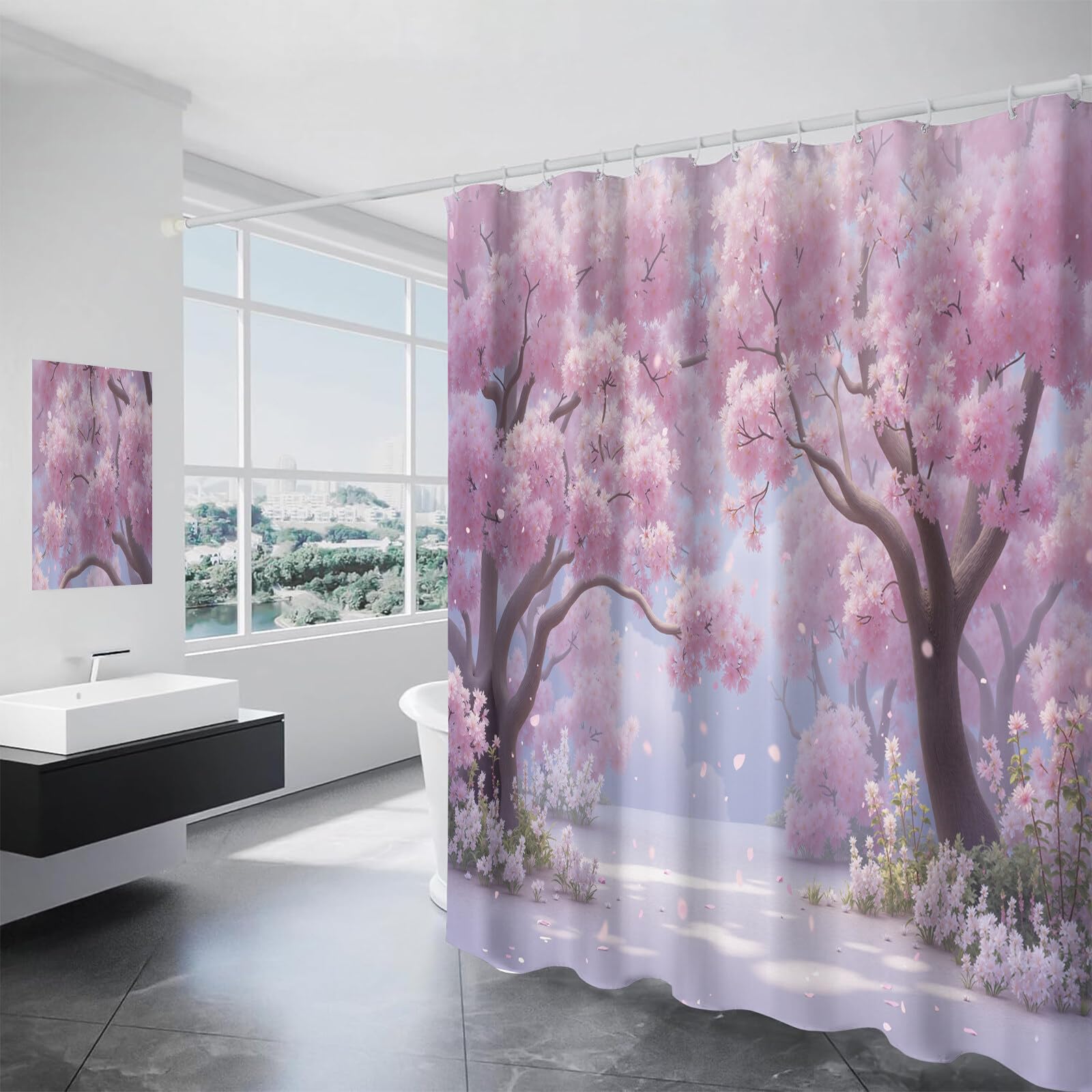 Rideau Douche,Rideau Baignoire Lavable en Machine Rideaux Douche Tissus Lavable Rideau De Baignoire Lavable pour Salle De Bain Domicile Baignoire Famille,Forêt De Cerisiers en Fleurs,