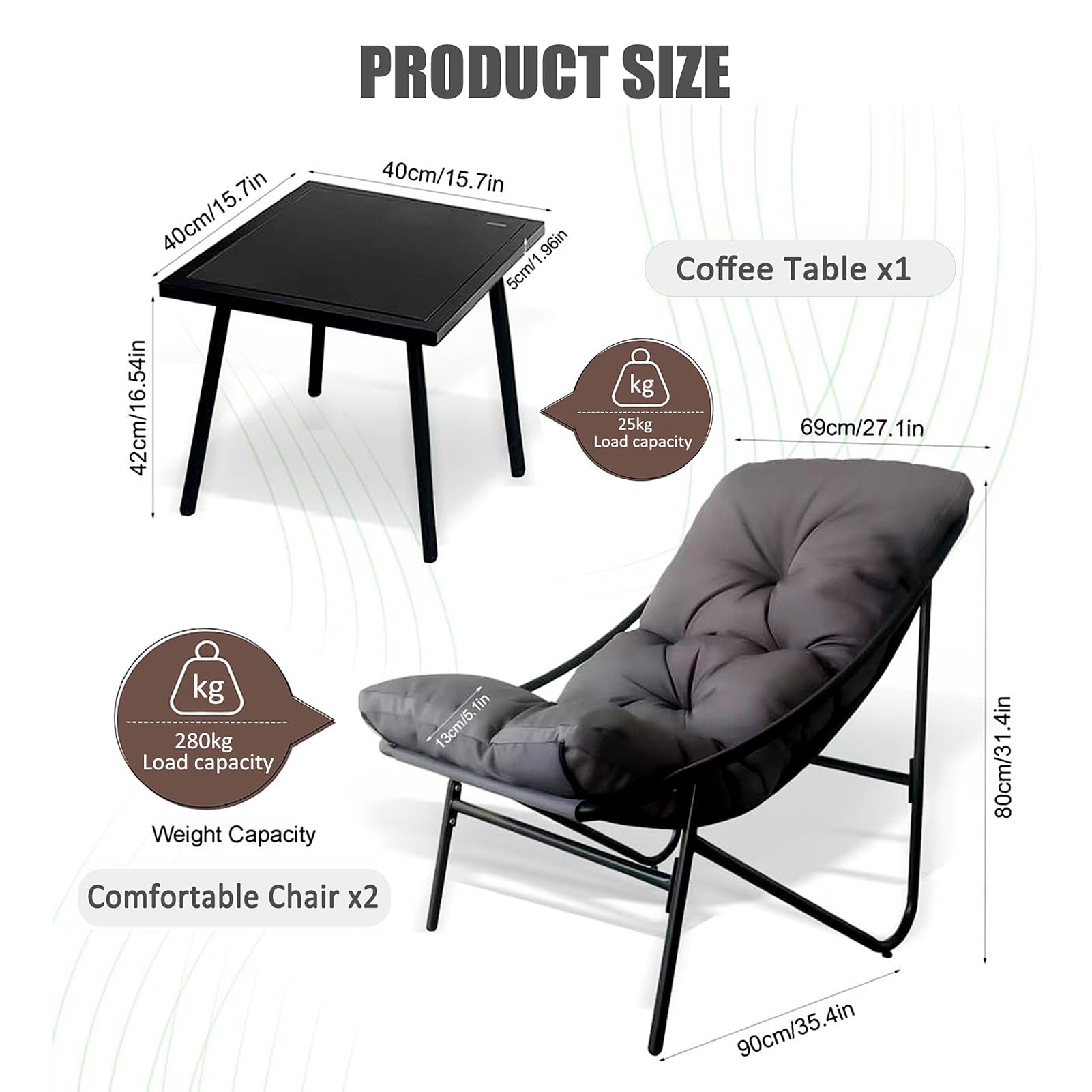 BalkonmöBel Set 3 Teilig, Gartenmöbel Set, Balkonmöbel Kleiner Balkon, Balcony Furniture mit Glastisch & Stahlgestell, Balkon Set 2 Personen, Garden Furniture Sets für Hof, Terrasse, Innen (Grau)