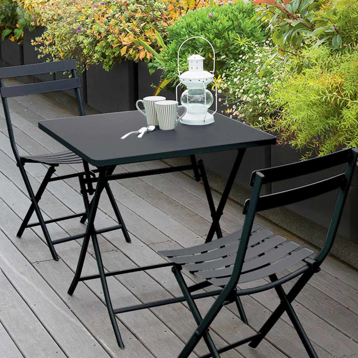 Hespéride - Tavolo da giardino pieghevole quadrato Greensboro per 2 persone, grigio grafite - Acciaio rinforzato antiruggine - Arredamento per giardino, balcone, terrazzo