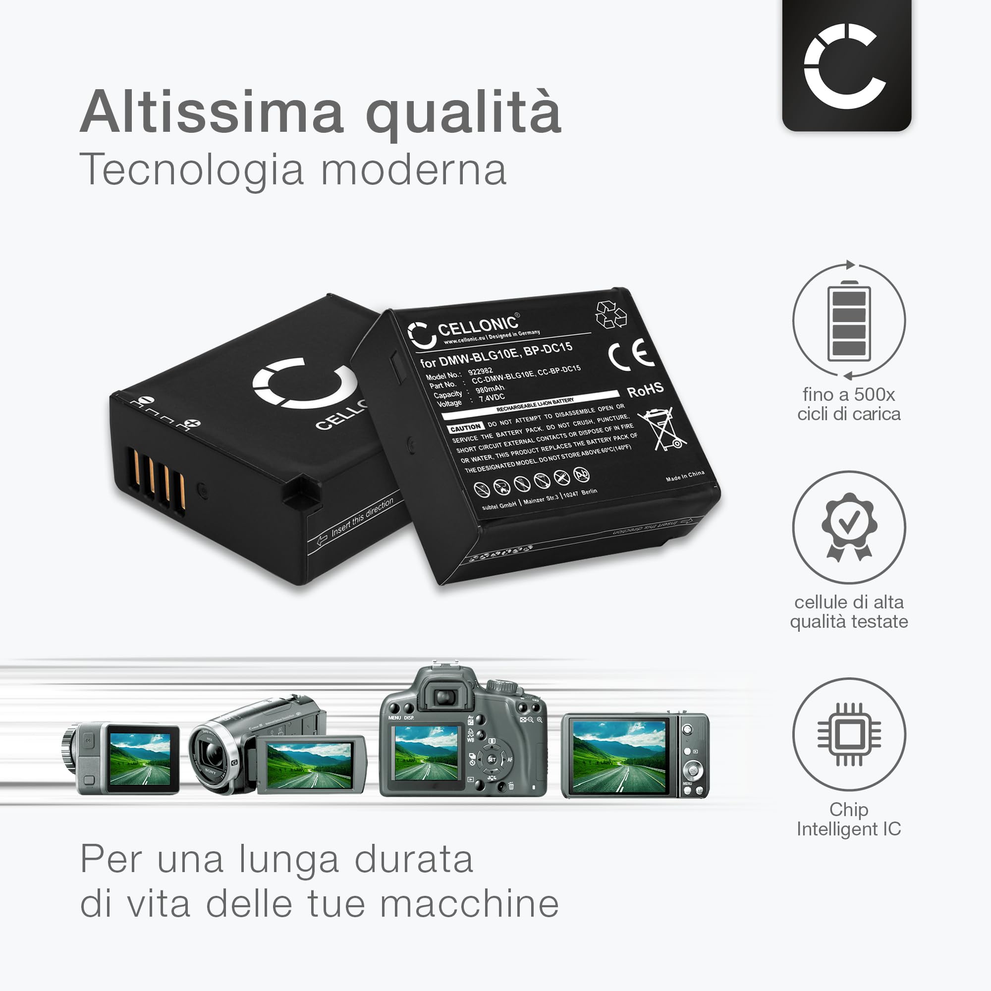 CELLONIC 2x Batteria compatibile con Panasonic DMW-BLG10E, DC-G110V | 2x, (980mAh-7.4V-Ioni di Litio), Fotocamera Batteria per Panasonic DMW-BLG10E, Lumix DC-TZ90, Lumix DMC-GX80, DMW-BLG10