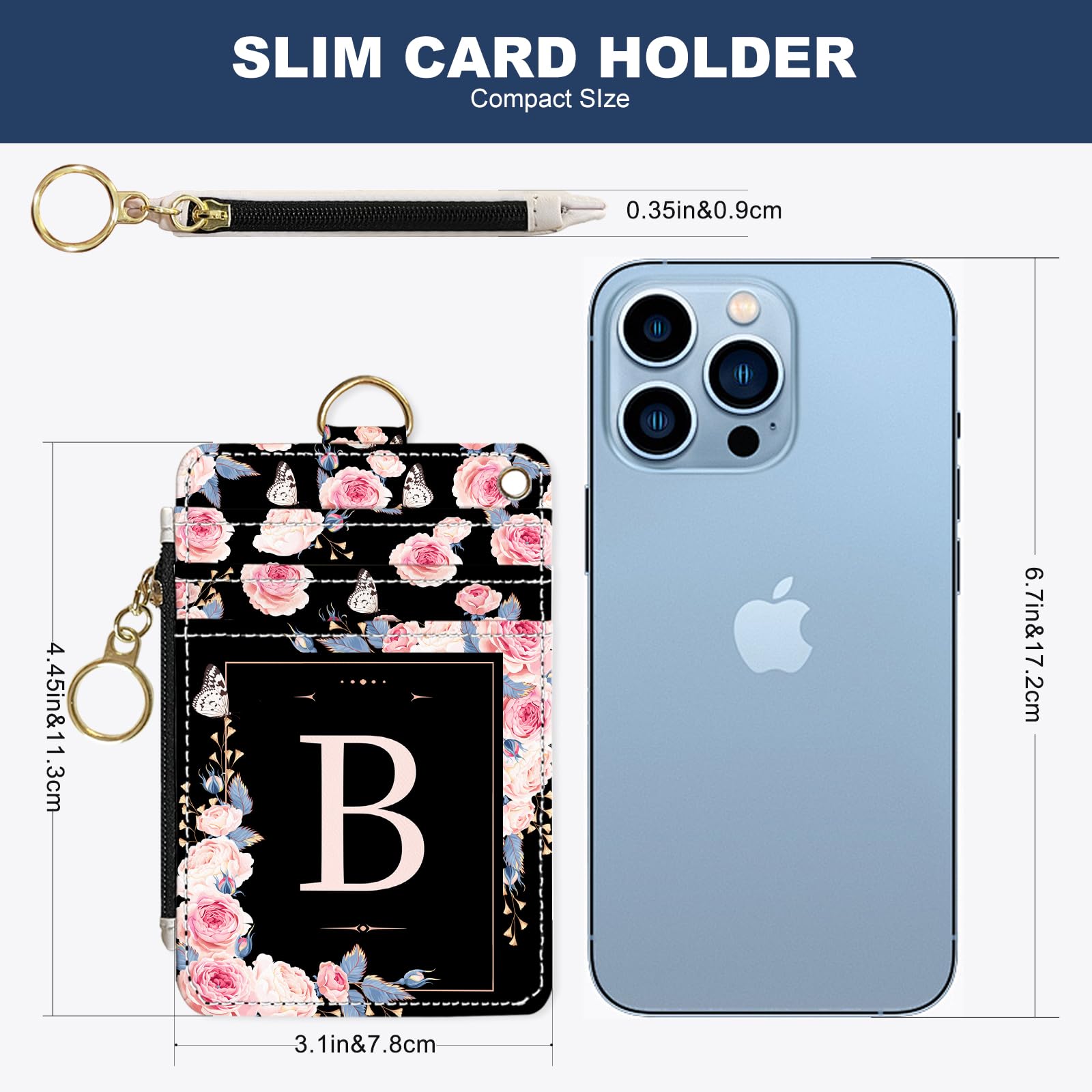 DATOUCAT Slim Wallet Credit Card Holder, Initial Letter B, RFID Wallet Women Cute Small Front Pocket Wallet With Zipper, PU Leather Thin travel RFID Blocking Card Case ID Window,Ladies Gifts