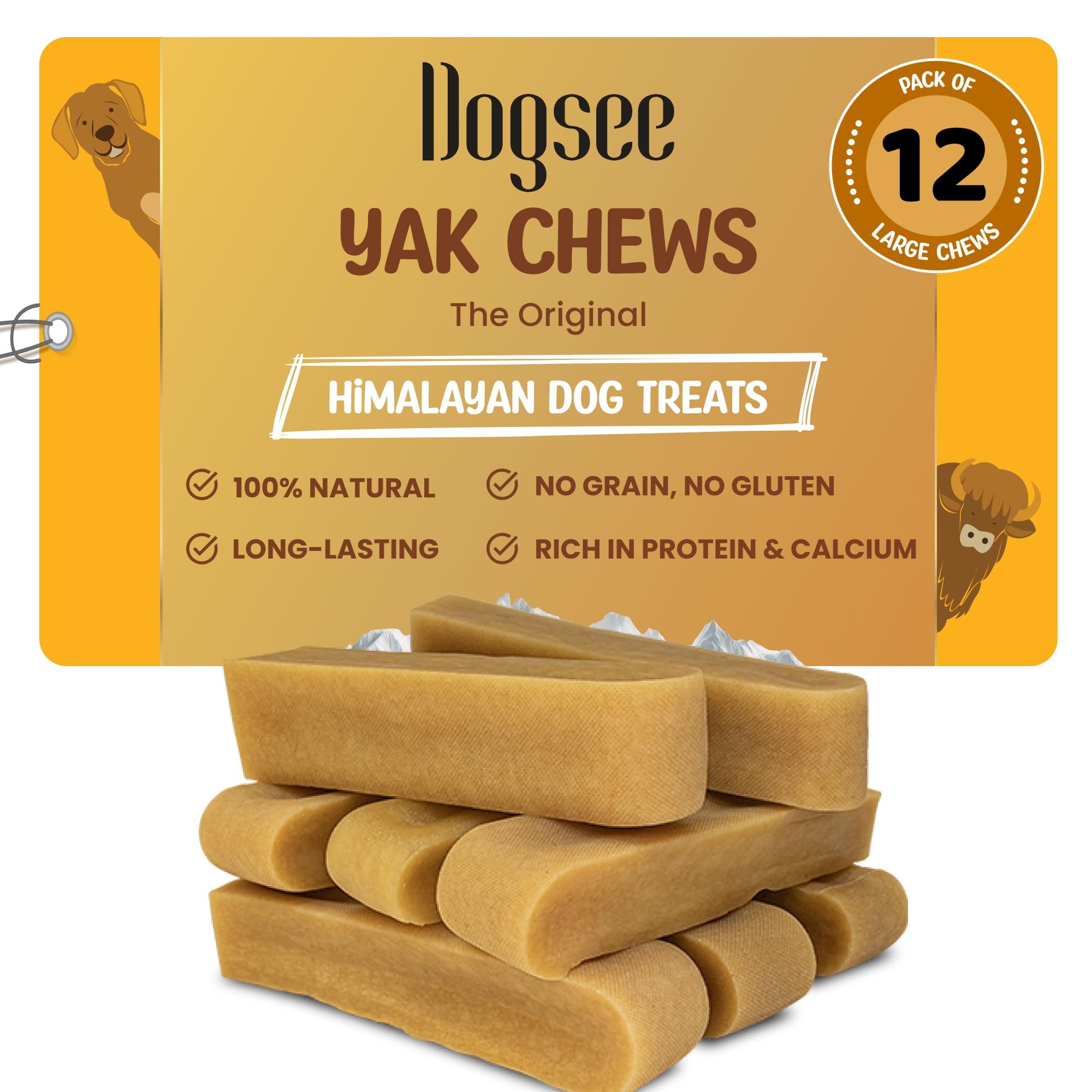 Dogsee Original Yak Cheese Himalayan Dog Chews 3lb (Large - 12 Bars) | 100% All Natural | Dog Treats Large Breed | Dog Chews Long Lasting for