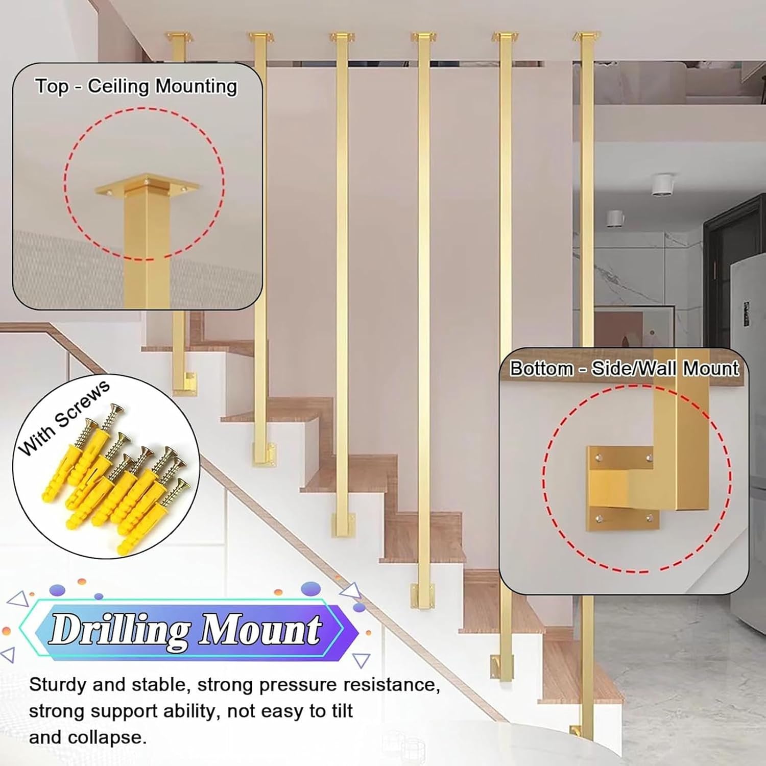 Interior Vertical Stair Guard Rails, Square Tube Staircase Balustrade, for Loft/Porch/Balcony/Garage Platform Corridor Decor Remodeling