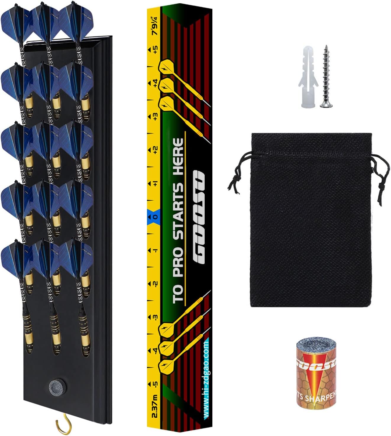 FDLS Wall Mounted Darts Holder Displaying 15pcs Steel Tip or Soft Tip Darts | Dart Caddy for Wall with Metal Hook, Come with Darts Throw Line Marker, Accessory Bag, and Darts Sharpener