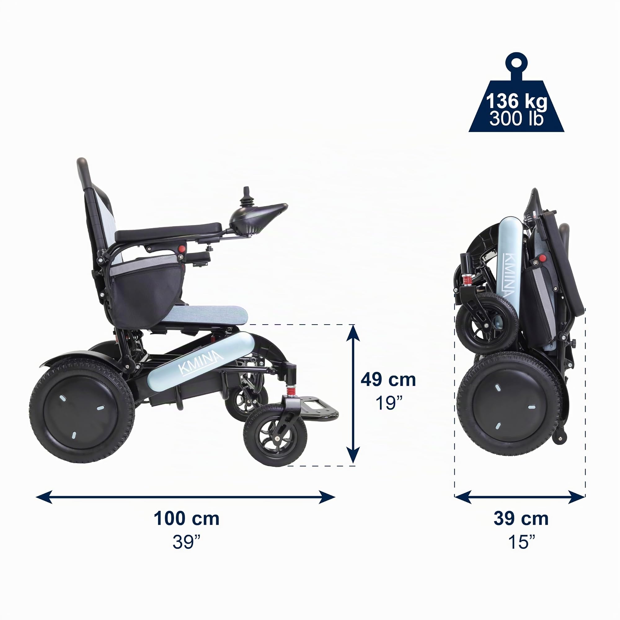 KMINA Fauteuil Roulant Électrique Pliable Ultra Léger, Joystick, 8 km/h