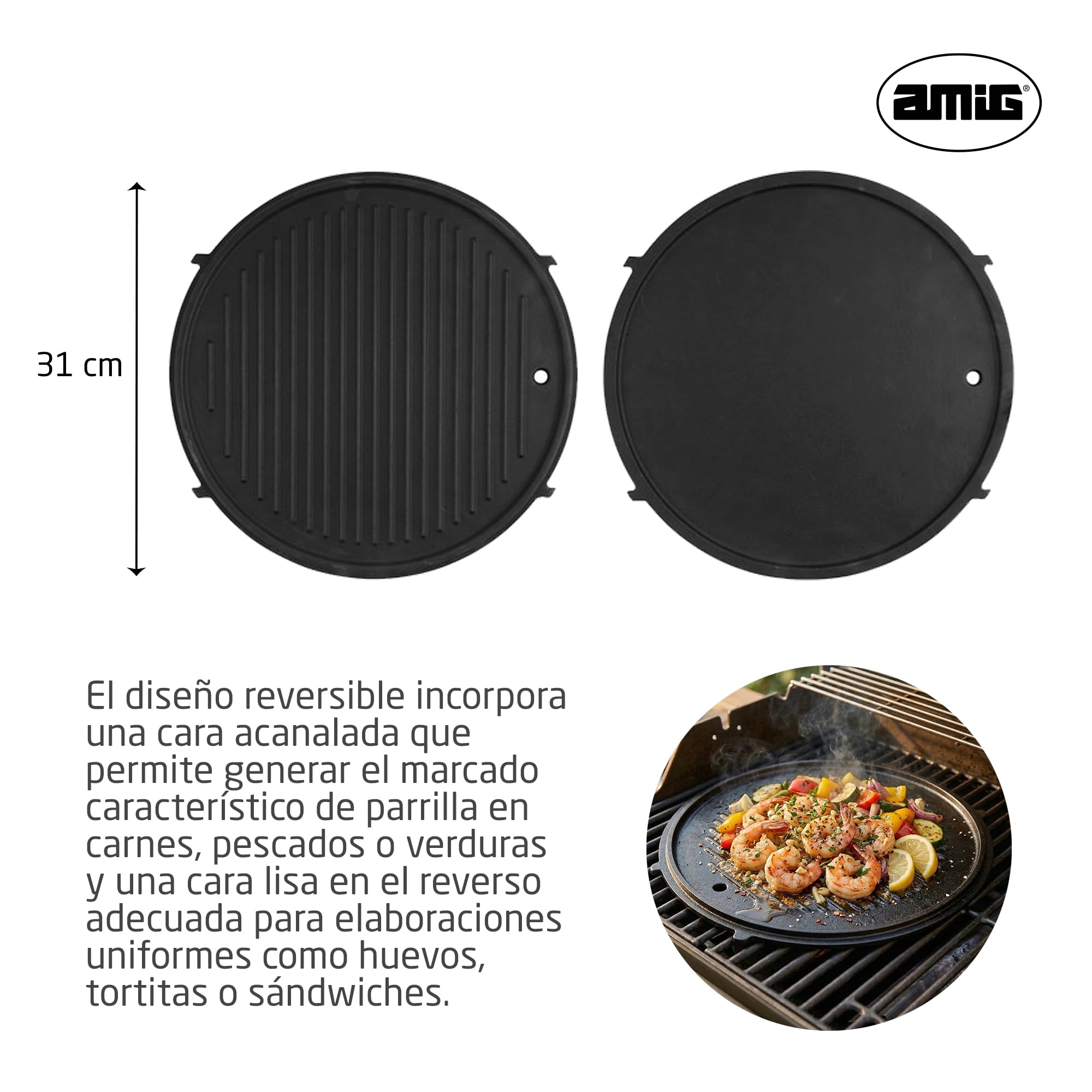 Amig - Plato de Hierro Fundido - Ø31 cm - Reparto Uniforme del Calor y Alta Resistencia - Para Barbacoas de Carbón o Gas - Mod. AM37