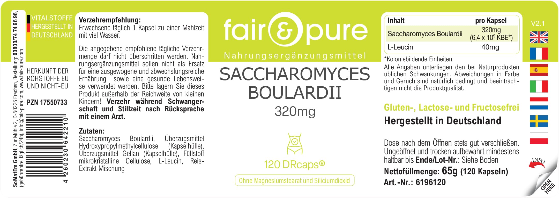 Fair & Pure® - Saccharomyces boulardii - 120 capsules - 6,4 milliards de levures probiotiques sous forme de DRcaps