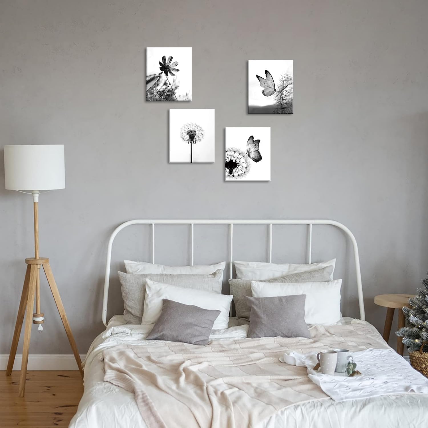 Black and White Flower Plant Butterfly Wall Art, Rustic Wall Art for Bedroom Farmhouse Decor, Dandelion Butterfly Canvas Prints, Set of 4 (8x10 inches Framed)
