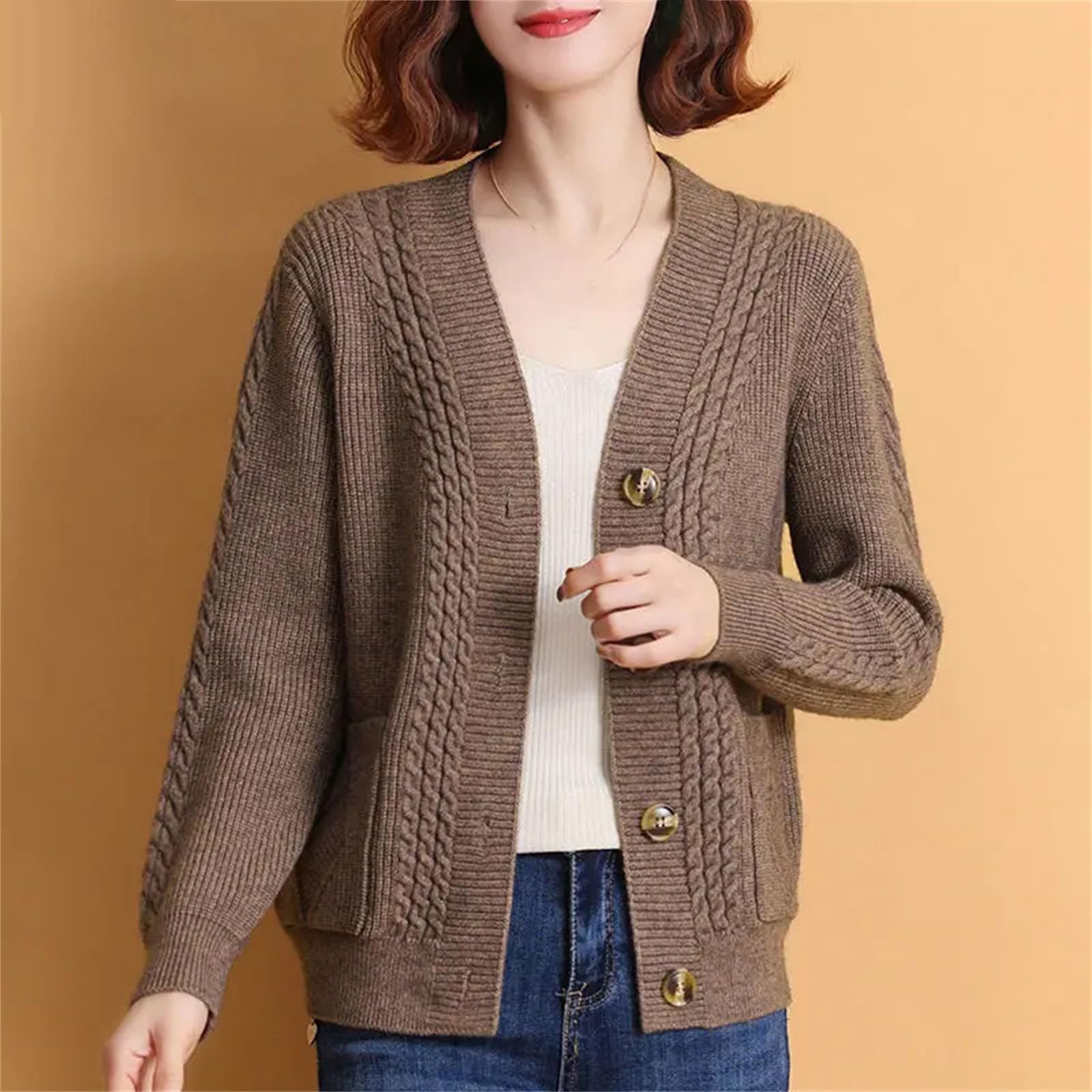Cárdigan de punto para mujer, casual, manga larga, parte delantera abierta, con botones, a la moda, ropa de abrigo