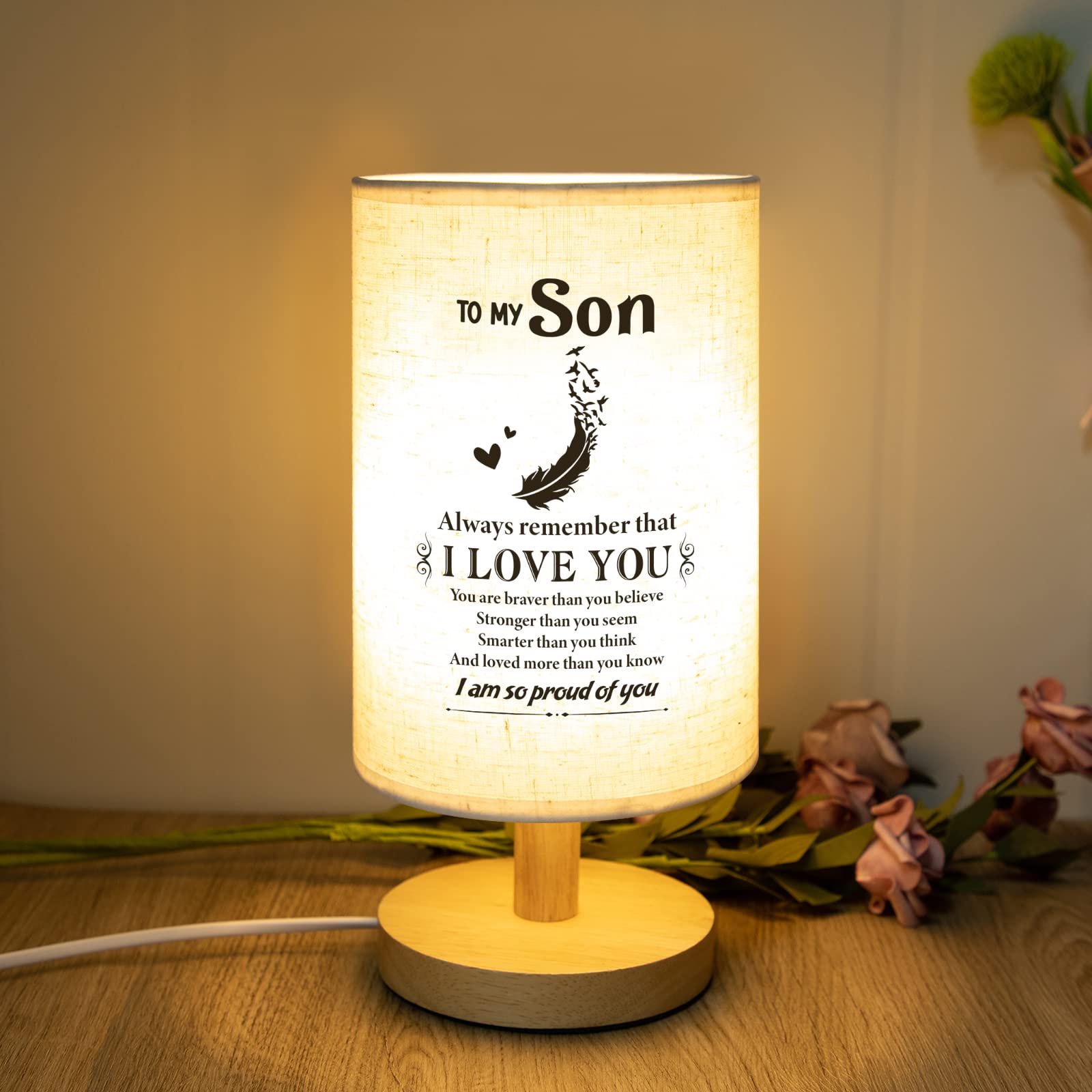 PRSTENLY Gifts for Son for Fathers Day from Mom Dad- Fabric Wooden Desk Lamp for Bedroom Living Room for Son Adult Graduation Season Gifts, Birthday Gift, Back to School Present
