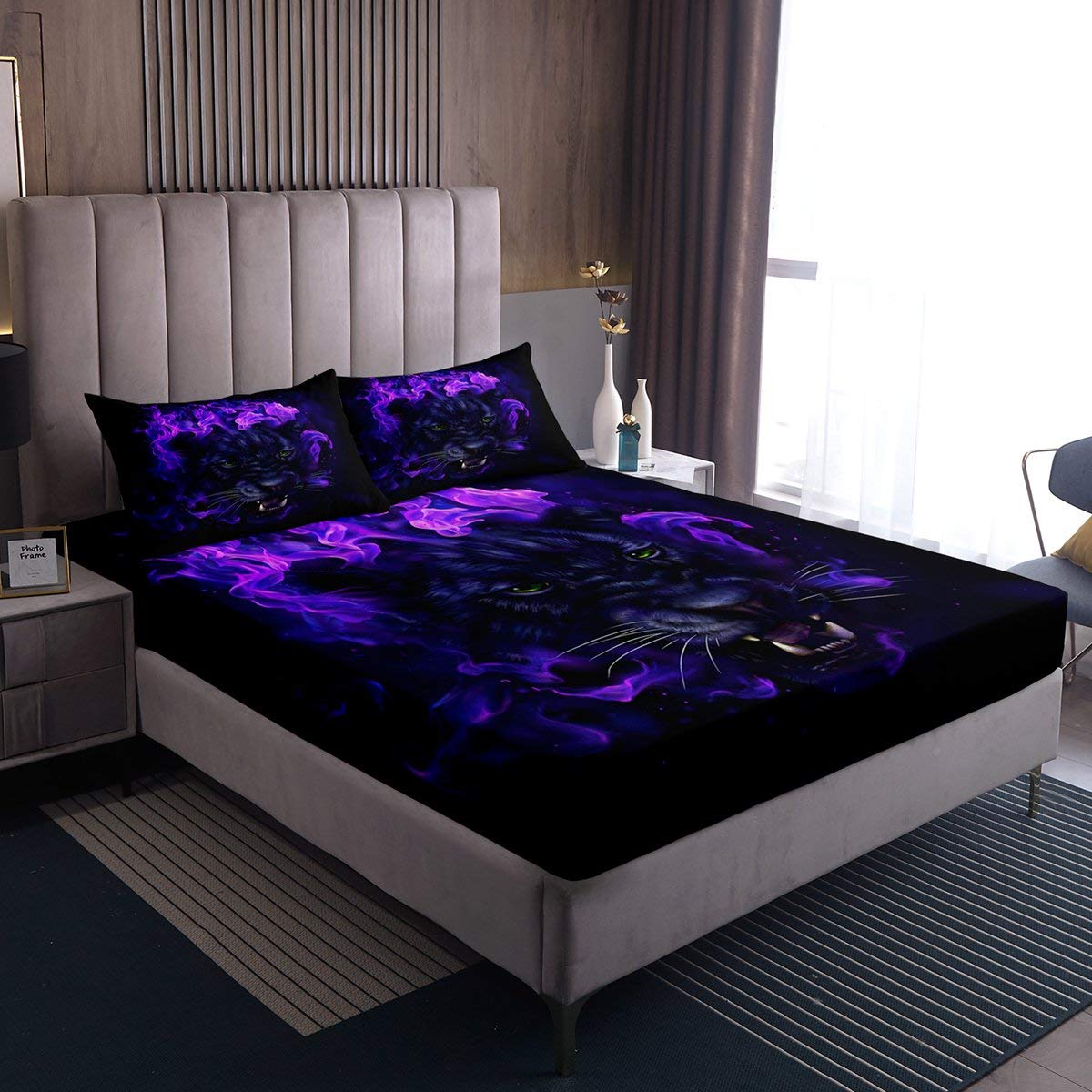 Leopard Bedding Sheets Black Panther Bed Sheet Set Kids Boys Girls Cheetah Bedding Fitted Sheet Blue Fire Wild Animal Bed Cover With 1 Flat Sheet+1 Fitted Sheet+ 2 Pillowcase Double - Image 2
