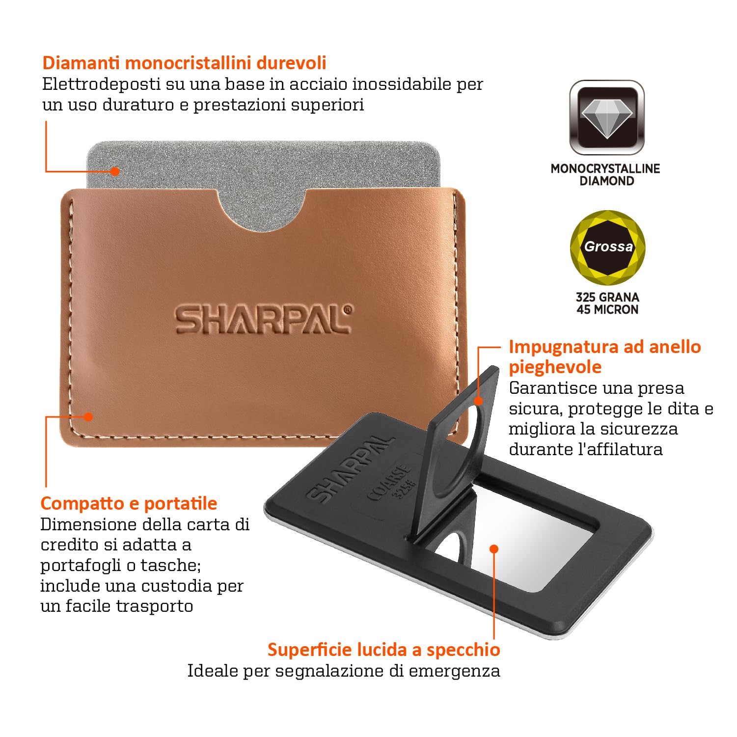 SHARPAL 113N Affilatrice diamantata tascabile per coltelli e attrezzi, con pietra di affilatura diamantata delle dimensioni di una carta di credito (grossolana 325 grani)