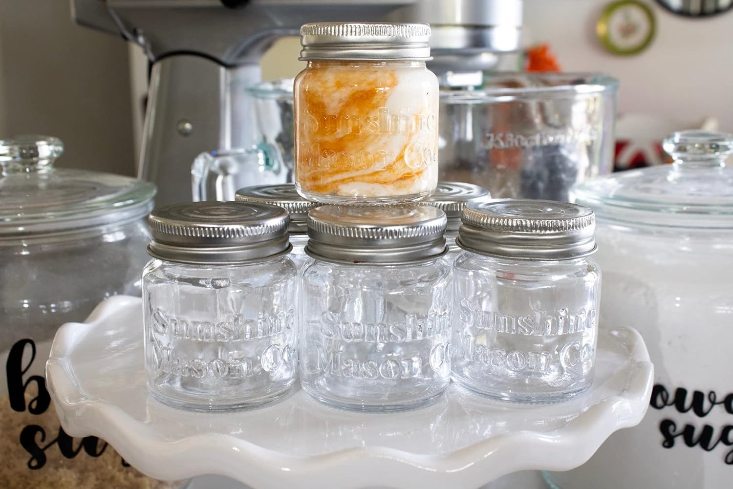 Sunshine Mason Co. Mini Mason Jar Shot Glasses with Metal Lid 2 Oz with Dessert Spoons, 24 Pieces