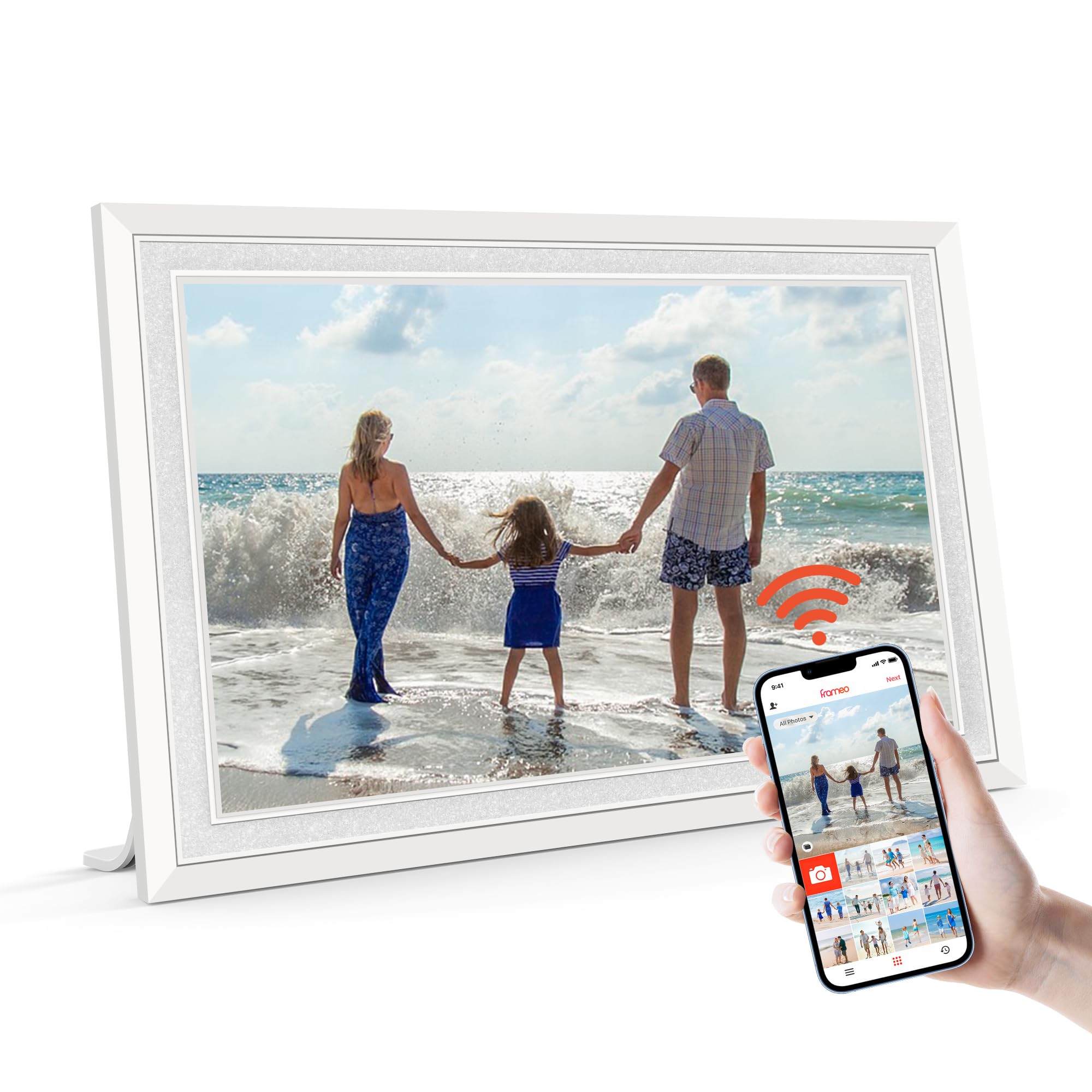 Frameo 10.1" Digital Picture Frame with 32GB Memory White WiFi Electronic Photo Frame 1280 x 800 IPS HD Touch Screen Auto-Rotate Slideshow Wall