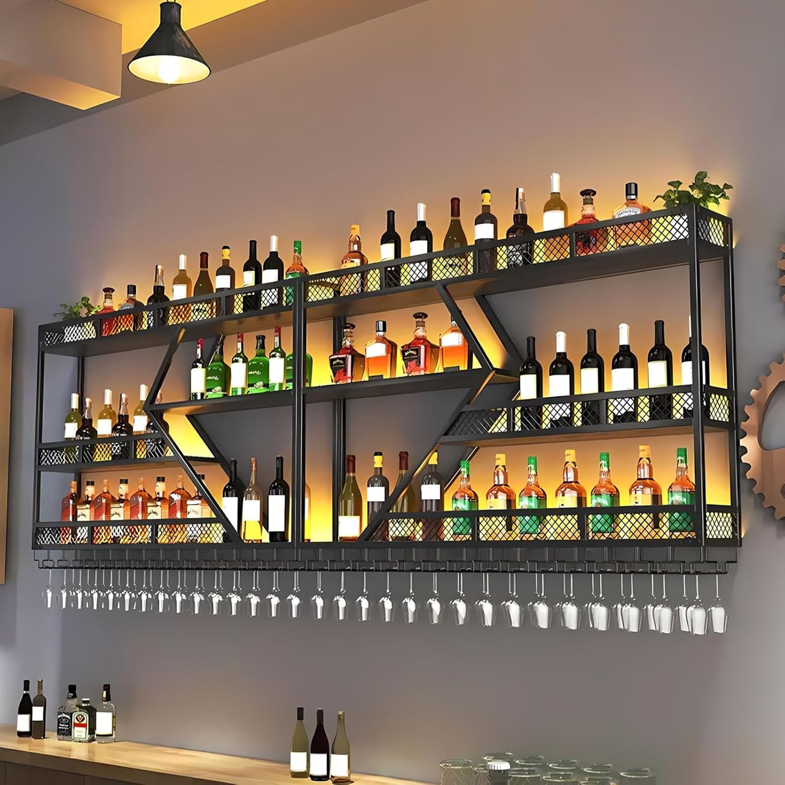 Estante de vino de pared de metal con iluminación LED y soporte modular