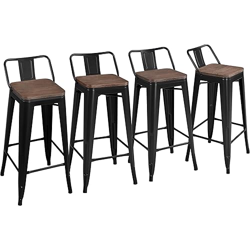 Yaheetech 30" Metal Barstools Set of 4 Bar Height Bar Stools with Wooden Top Low Back Industrial Bar Stools Metal Stool for Indoor-Outdoor Counter Stools with Wooden Seat Matte Black