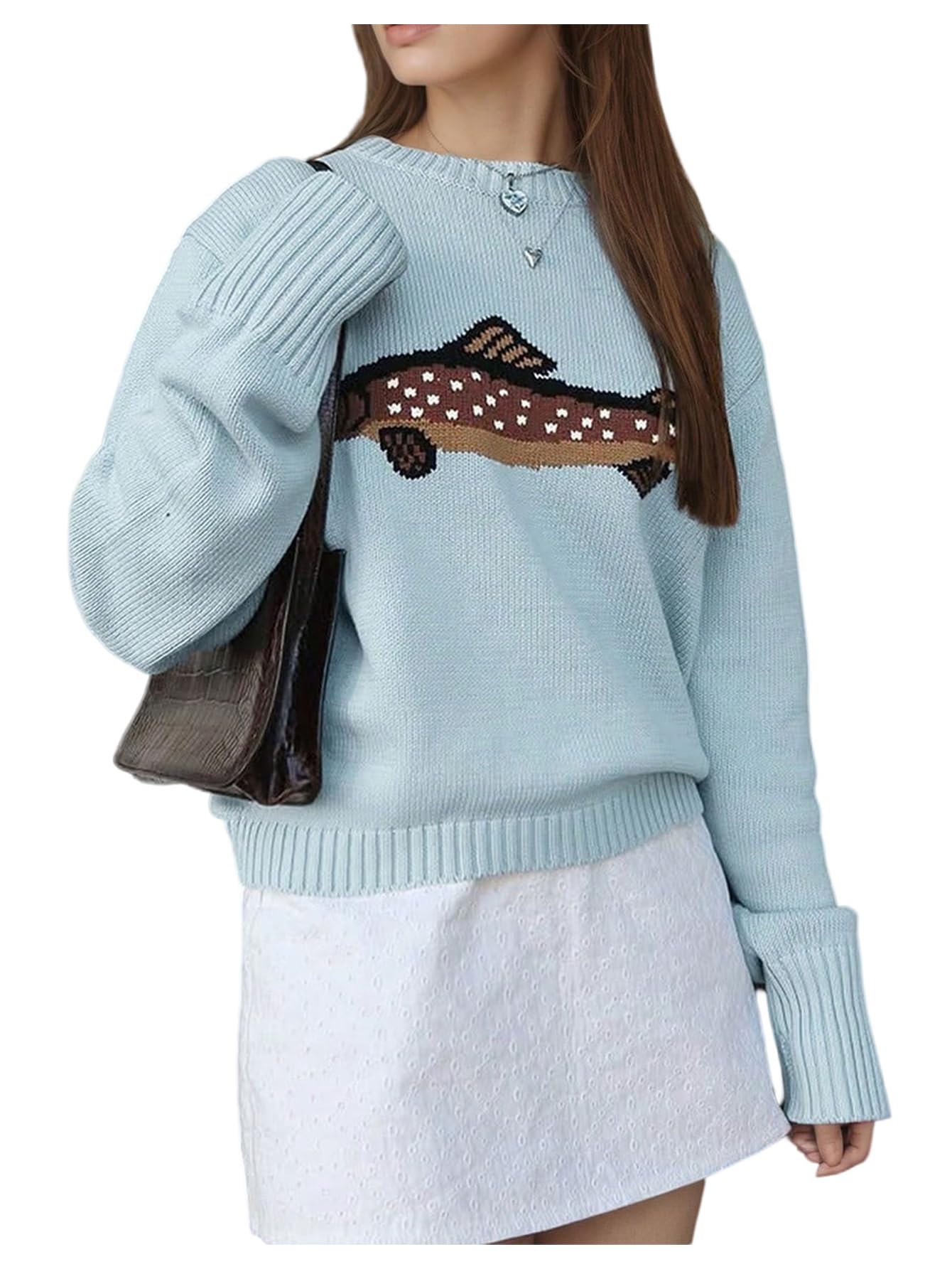 Womens Animal Graphic Sweater Crew Neck Long Sleeve Jumpers Pullover Sweaters