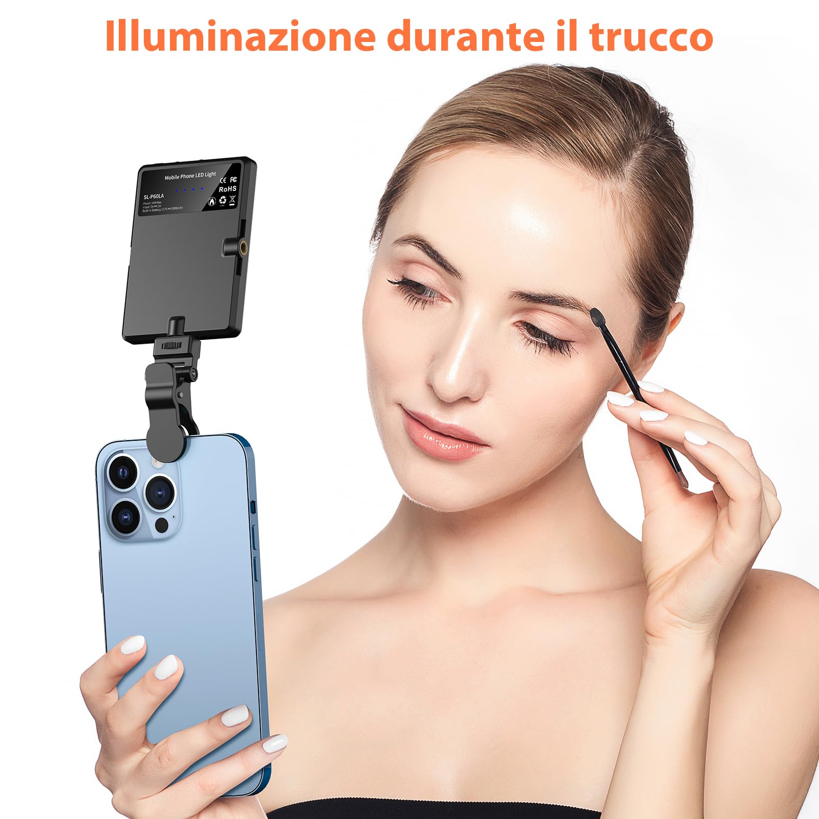 TONEOF Luce Selfie portatile, Flash Luce per telefono ricaricabile con clip e doppio foro tornito da 1/4", Luci per fotocamera 2500-9000K per Phone/computer portatile/tablet-Nero