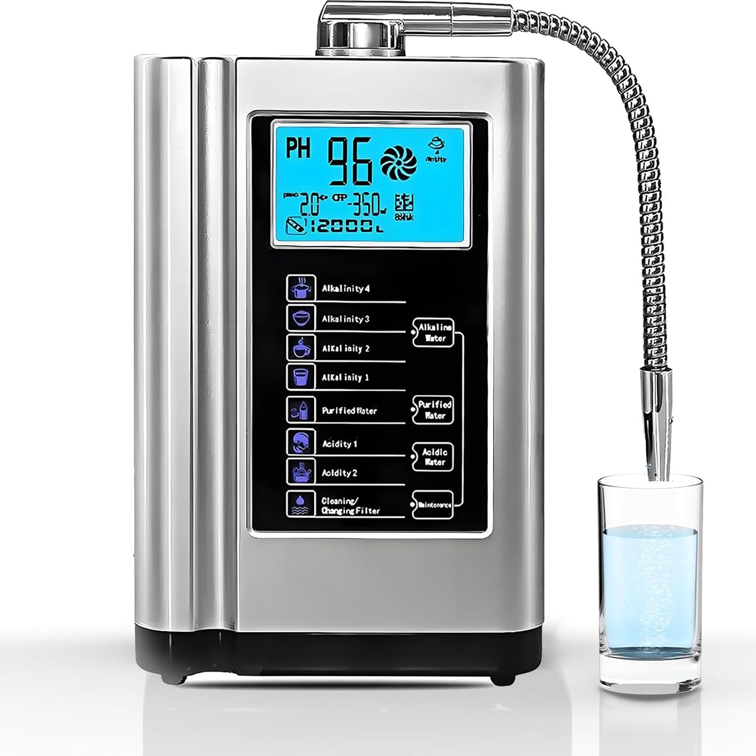 Alkaline Water Ionizer Machine, Up to -500mV ORP, Acidic Alkaline Water PH3.5-10.5, 8000 Liters Per Filter,Intelligent Voice, LCD Touch Water Filter Silver