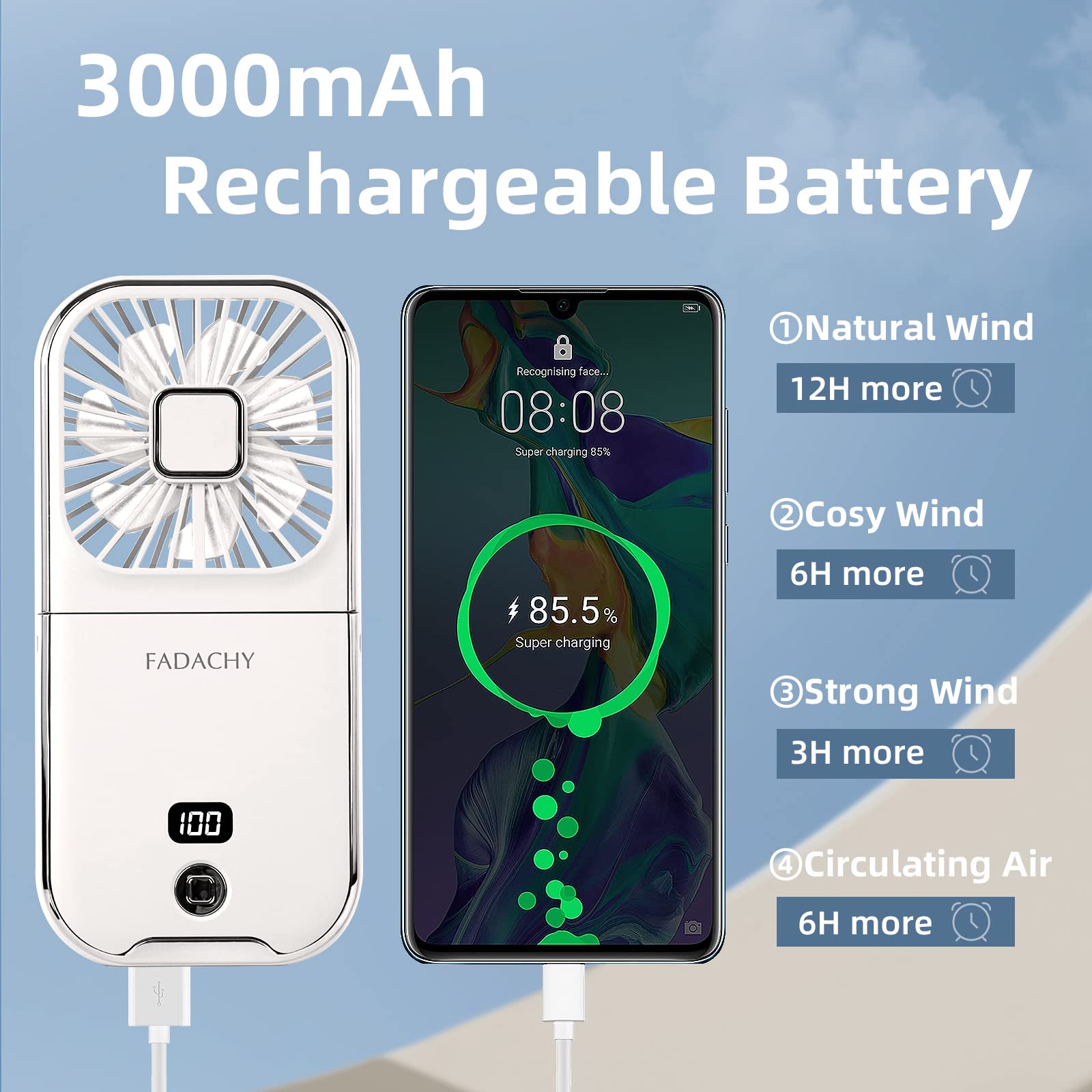 Ventilador portátil recargable de 3000 mAh, 4 velocidades con pantalla LED, ventilador de mano pequeño, ventilador eléctrico a pilas, mini ventilador personal para viajes, escritorio, oficina,
