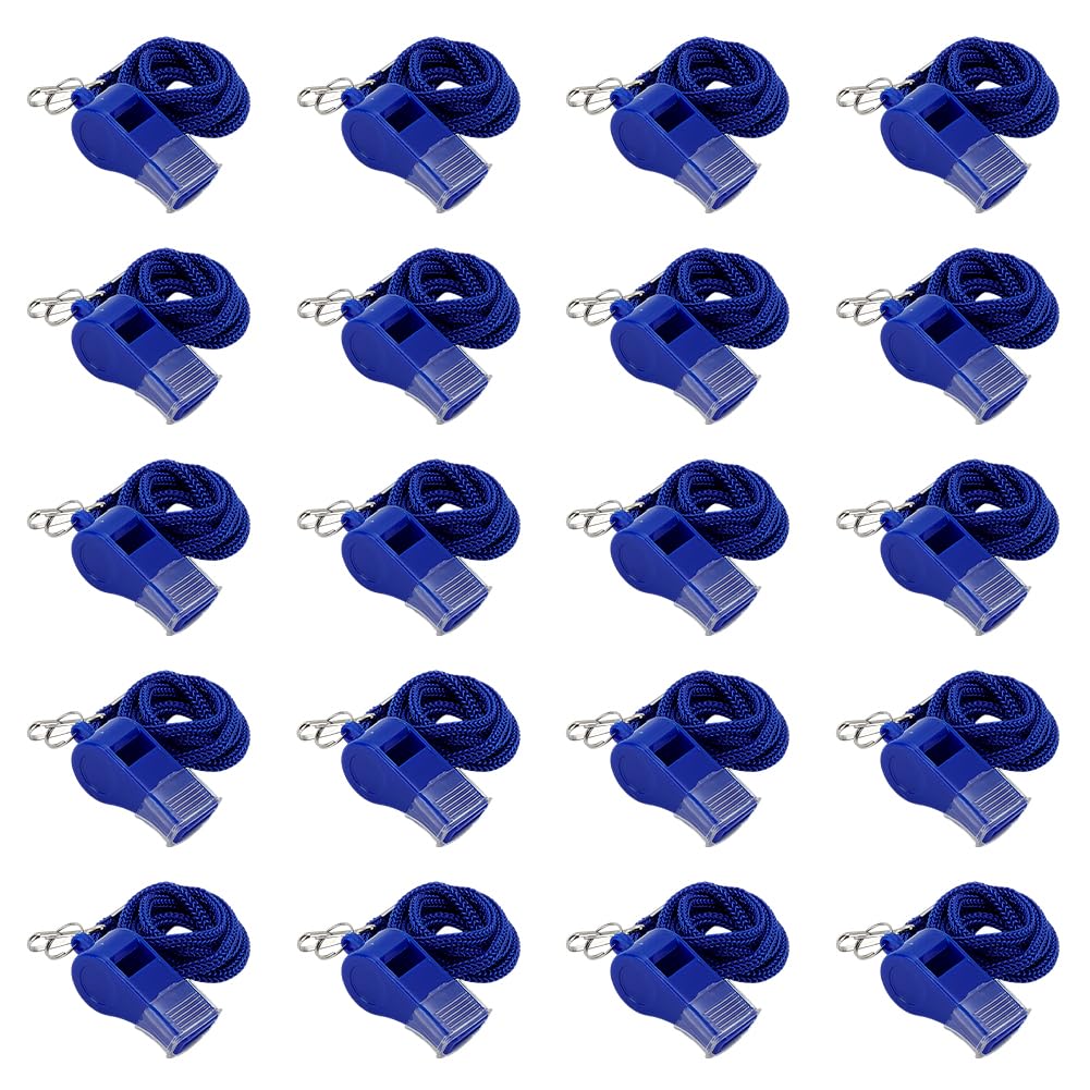GOMAKERER 20 Pcs Sport Whistles with Lanyard, Blue Emergency Whistles Plastic Whistle Loud Referee Whistles Survival Whistle for Referees, Coaches, Outdoor Sport