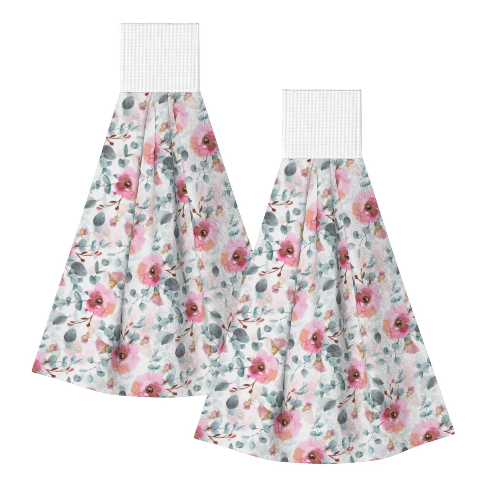 DOPKLNA Australian Flora Watercolor Eucalyptus And Blush Flowers, 2 Pcs Hanging Coral Fiber Hand Towels for Bathroom, Absorbent Kitchen Towels