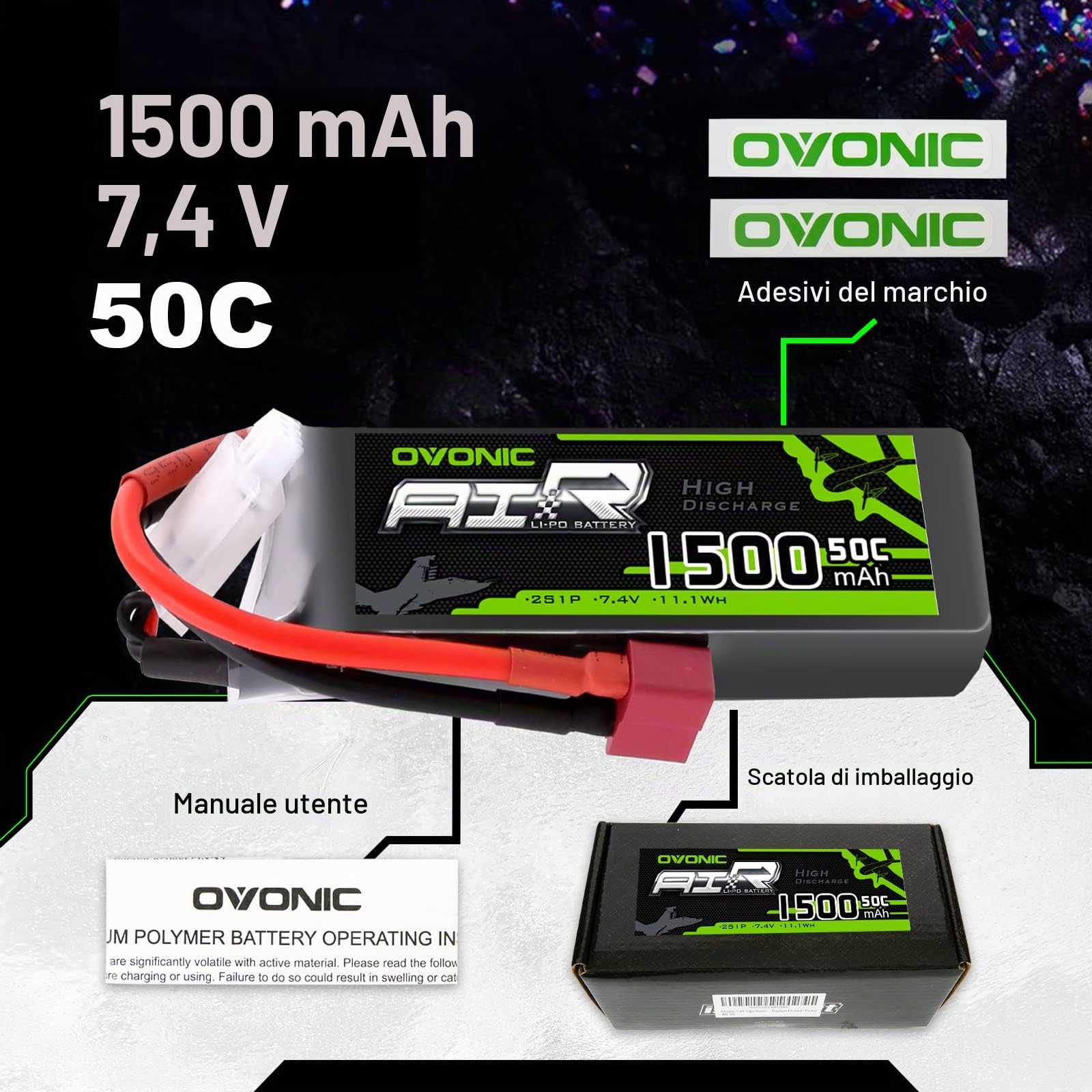 OVONIC Batteria Lipo 2s 7.4V 50C 1500mAh con connettore Deans T per RC Aereo Elicottero Auto Camion Truggy RC Hobby FAI DA TE