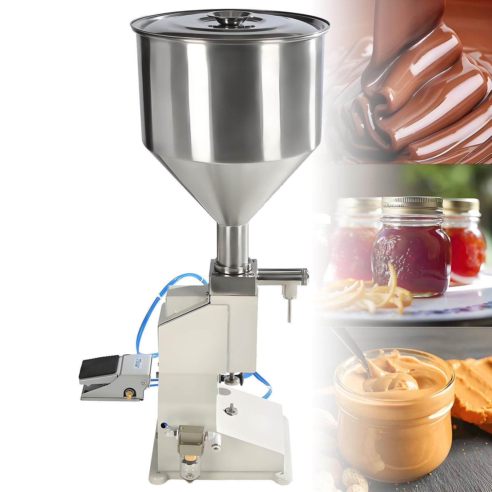 SHENGSHIYU Pneumatic Filling Machine for Liquid & Paste,10L Hopper,Foot Pedal Control,10-100ml Adjustable Filling Volume,20-40 Cycles per Minute,Stainless Steel Filling Machine