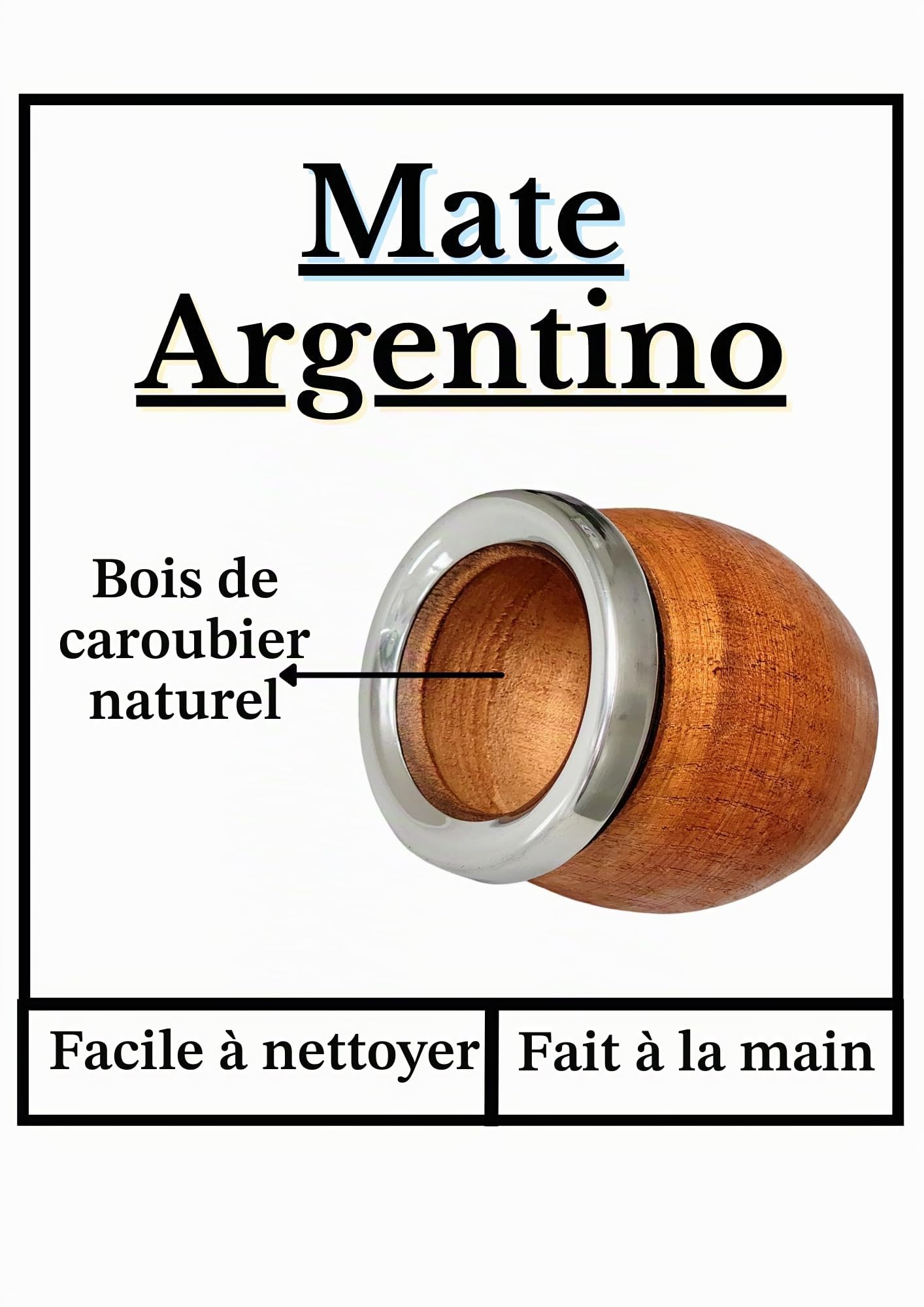 Tasse mate argentine naturelle fabriquée à la main en bois de caroube avec bord en acier inoxydable, mat avec ampoule, Gourd mate mug, style tonneau