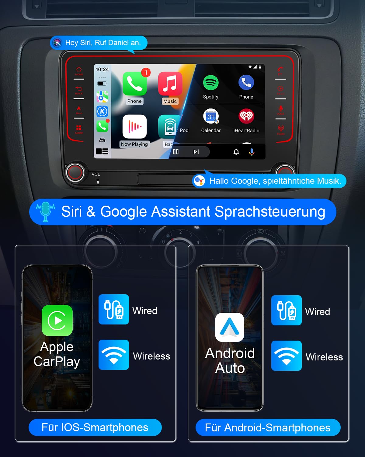 Autoradio mit Bildschirm für VW Golf 5 6 T5 Passat Polo 6R Tiguan Seat Skoda, 7 Zoll VW Caddy Radio 2Din mit Apple CarPlay Android Auto Mirrorlink DAB+ Navi Bluetooth WLAN Canbus GPS 8-Kern 4+64GB