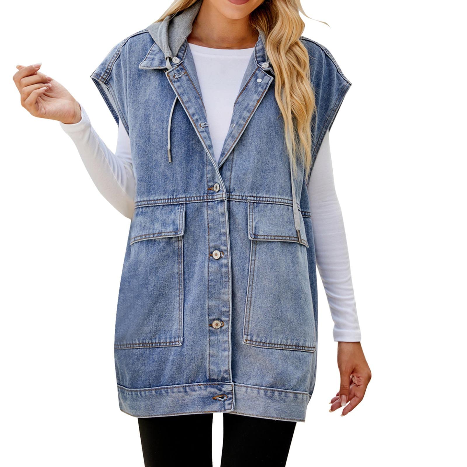 2023 Gilet Veste en Jean Femmes à Capuche Couleur Unie sans Manches Denim Vintage Col en V Bouton Gilet Débardeur Veste Cardigan Décontracté Veste en Jean Casual Court Gilet Manteau avec Poches